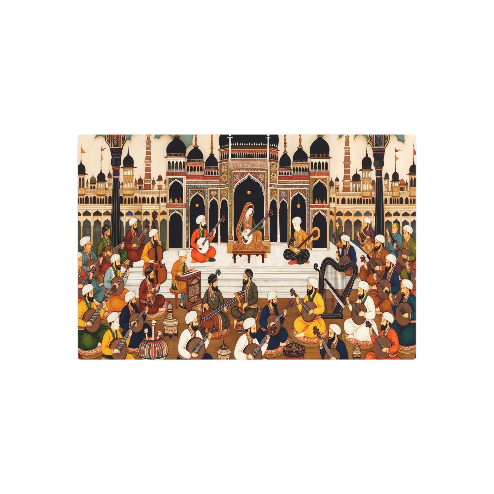 Metal Poster Art | "Mughal Miniature Style Art of Musicians Playing Traditional South Asian Instruments - Richly Colored and Intricately Detailed Non - Western Global Art - Metal Poster Art 36″ x 24″ (Horizontal) 0.12''