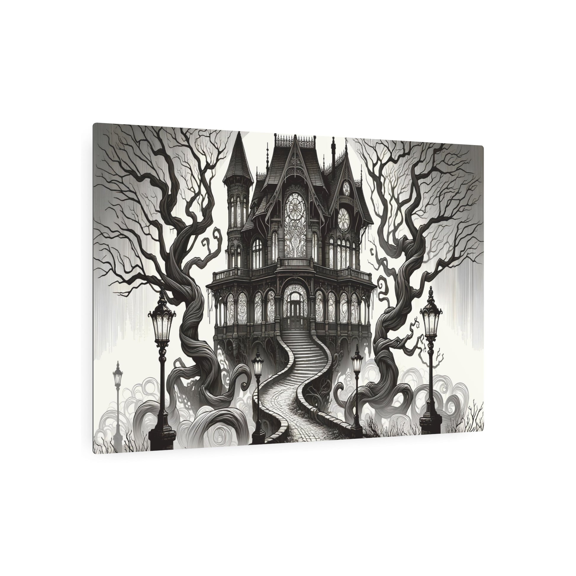 Metal Poster Art | "Art Nouveau Western Style: Spooky Haunted Mansion Scene - Ghostly Artistic Illustration" - Metal Poster Art 36″ x 24″ (Horizontal) 0.12''