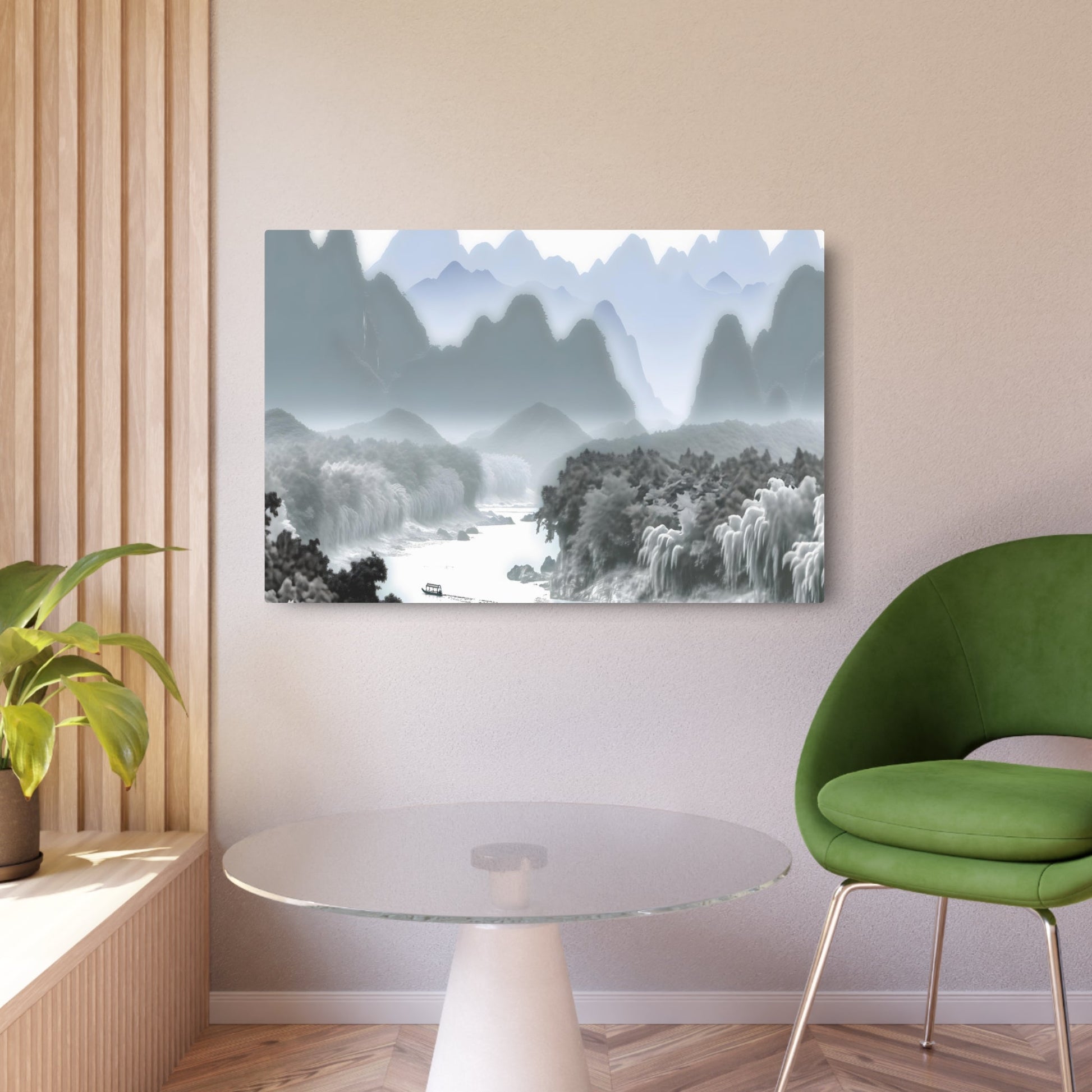 Metal Poster Art | "Traditional Chinese Landscape Painting with Mountains, Rivers, Trees & Small Boat - Asian Art Styles Collection" - Metal Poster Art 36″ x 24″ (Horizontal) 0.12''