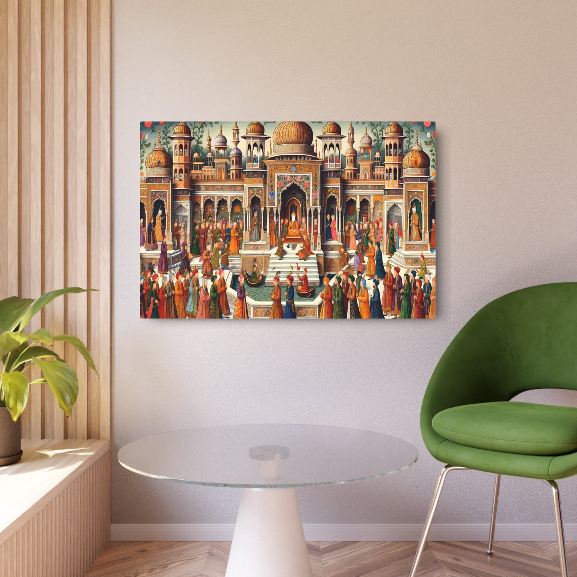 Metal Poster Art | "Historical Mughal Court Life Scene - Vibrant South Asian Mughal Miniature Art with Intricate Designs and Floral Patterns" - Metal Poster Art 36″ x 24″ (Horizontal) 0.12''