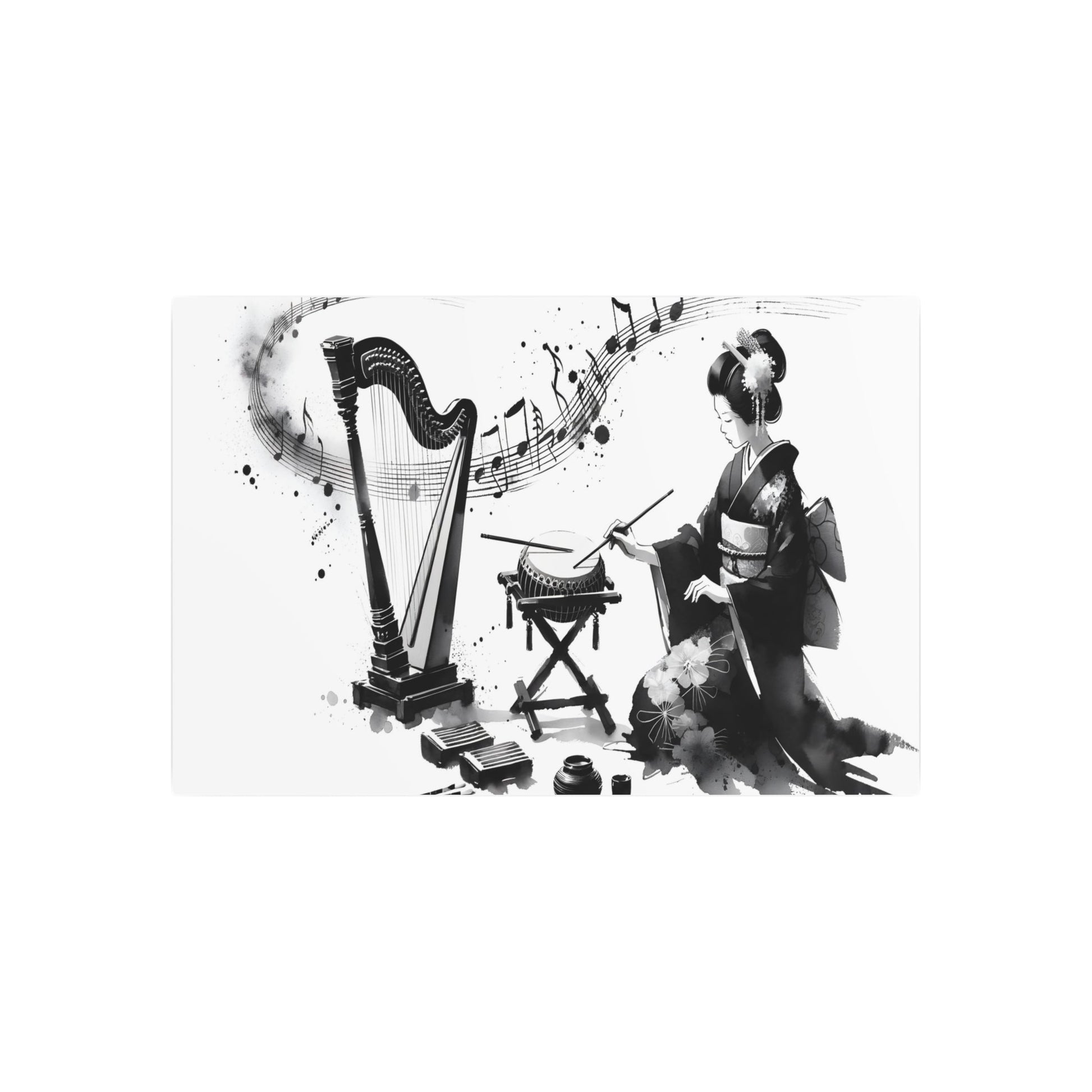 Metal Poster Art | "Artistic Fusion of Music & Art: Sumi - e Style Japanese Ink Wash Painting featuring Traditional Instruments and Brush Strokes - Elegance and Depth - Metal Poster Art 36″ x 24″ (Horizontal) 0.12''