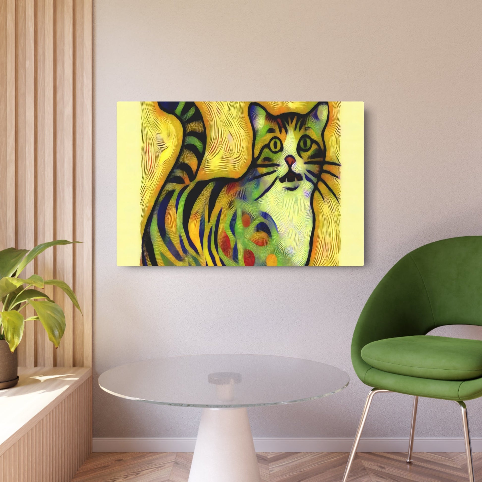 Metal Poster Art | "Modern Pop Art Style Whimsical Cat Image - Bold Lines, Vivid Colors & Patterns - Contemporary Pop Art Cat Illustration in Playful Design - Metal Poster Art 36″ x 24″ (Horizontal) 0.12''