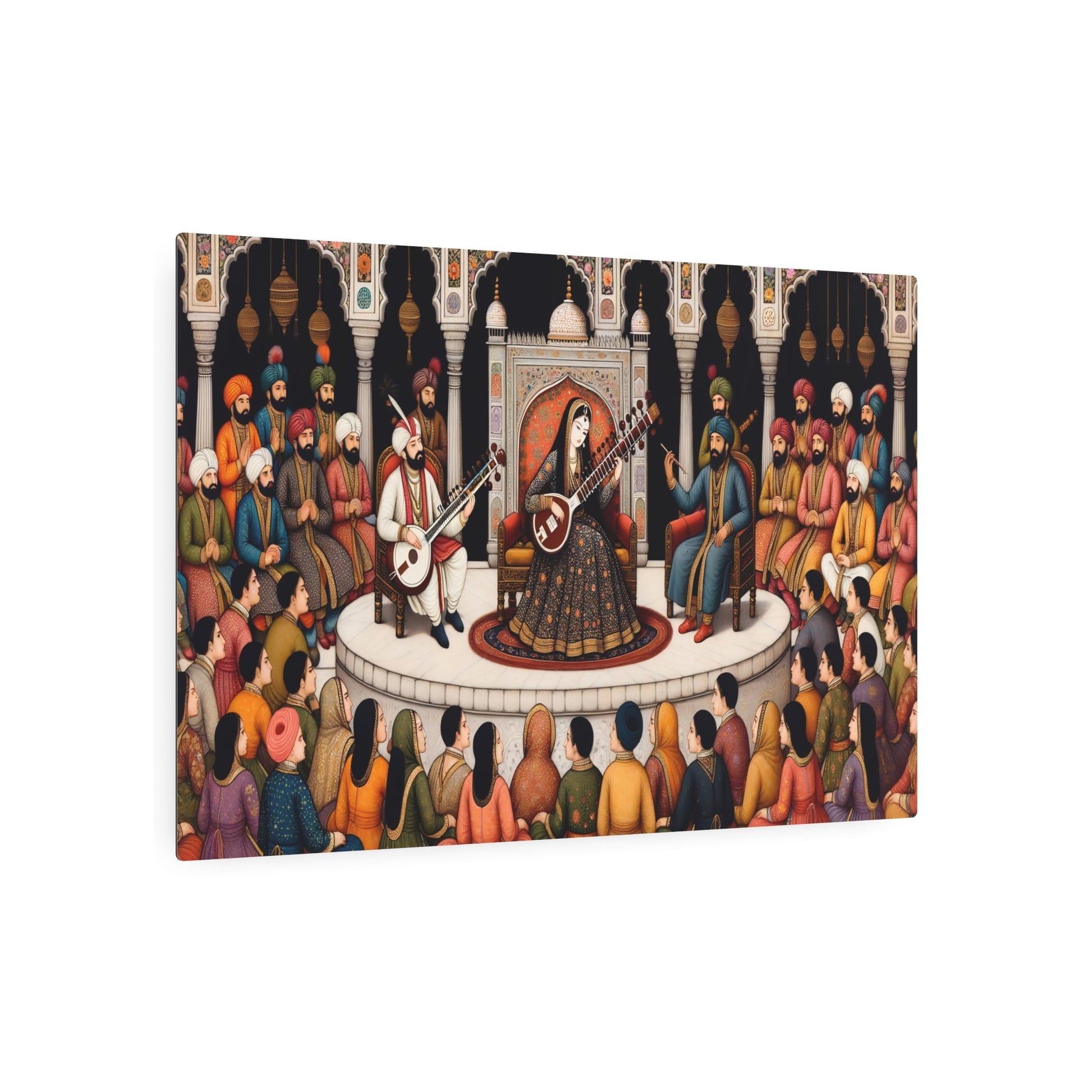 Metal Poster Art | "Mughal Miniature Art - Royal Court Sitar Performance | Non - Western & Global Styles, South Asian Mughal Miniature | Hand Paint - Metal Poster Art 36″ x 24″ (Horizontal) 0.12''