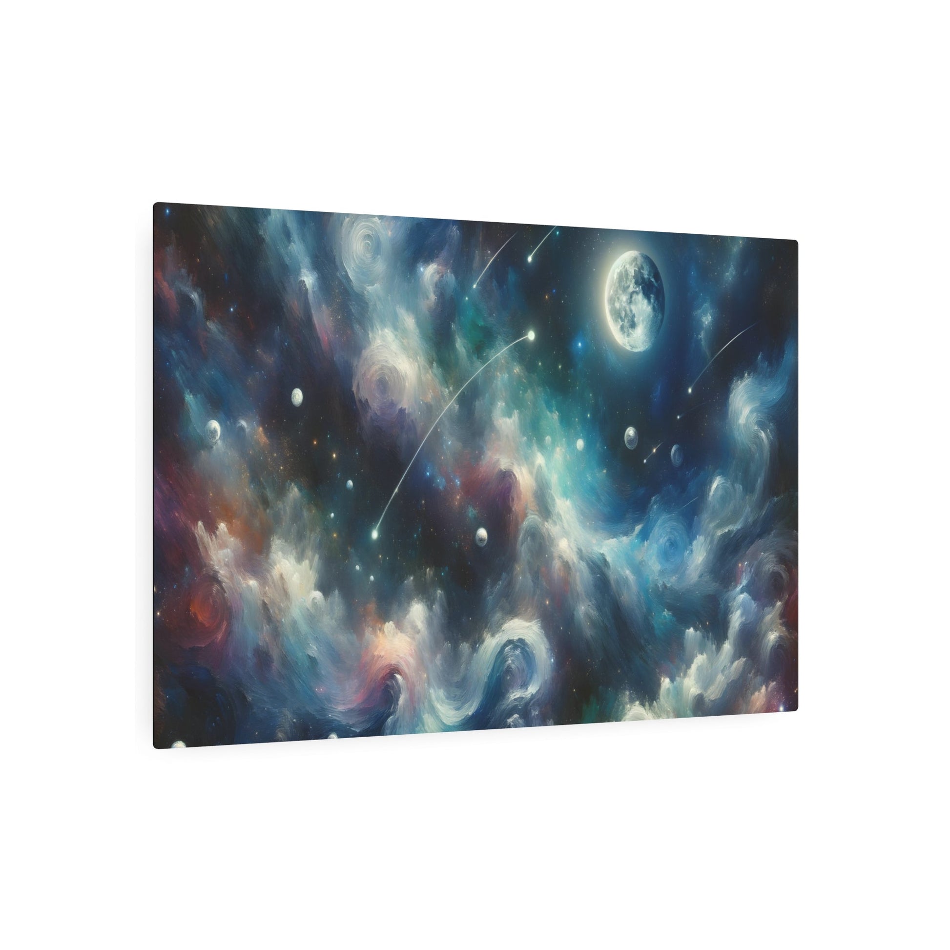 Metal Poster Art | "Impressionist Starry Night Canvas Art - Vibrant Moon & Meteor Shower in a Celestial Dance, Planetarium - Inspired Western Art in - Metal Poster Art 36″ x 24″ (Horizontal) 0.12''