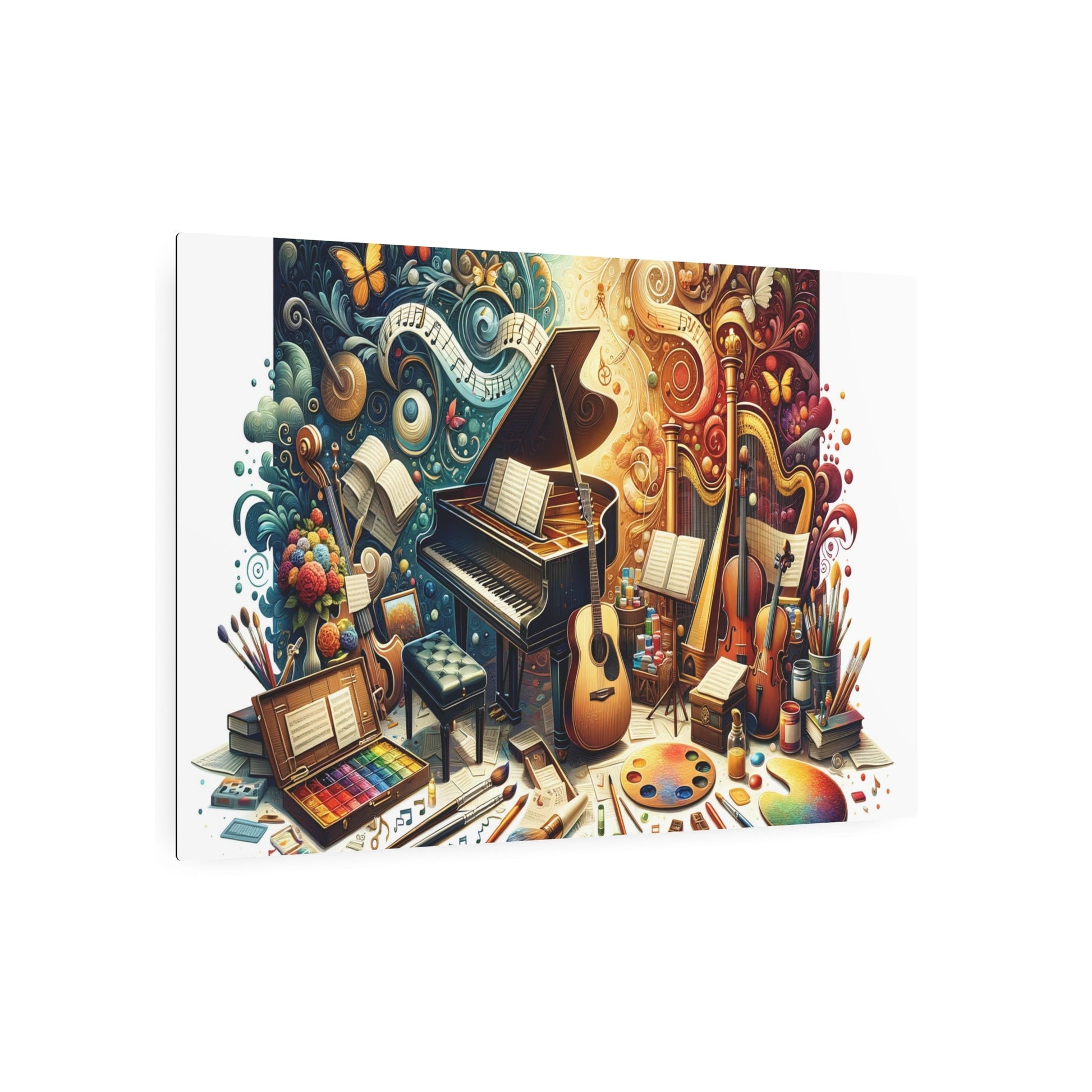 Metal Poster Art | "Passionate Symphony: Realistic Western Art Depicting Vibrant Music and Art Scene with Piano, Guitar, Violin and Paint Tools" - Metal Poster Art 36″ x 24″ (Horizontal) 0.12''