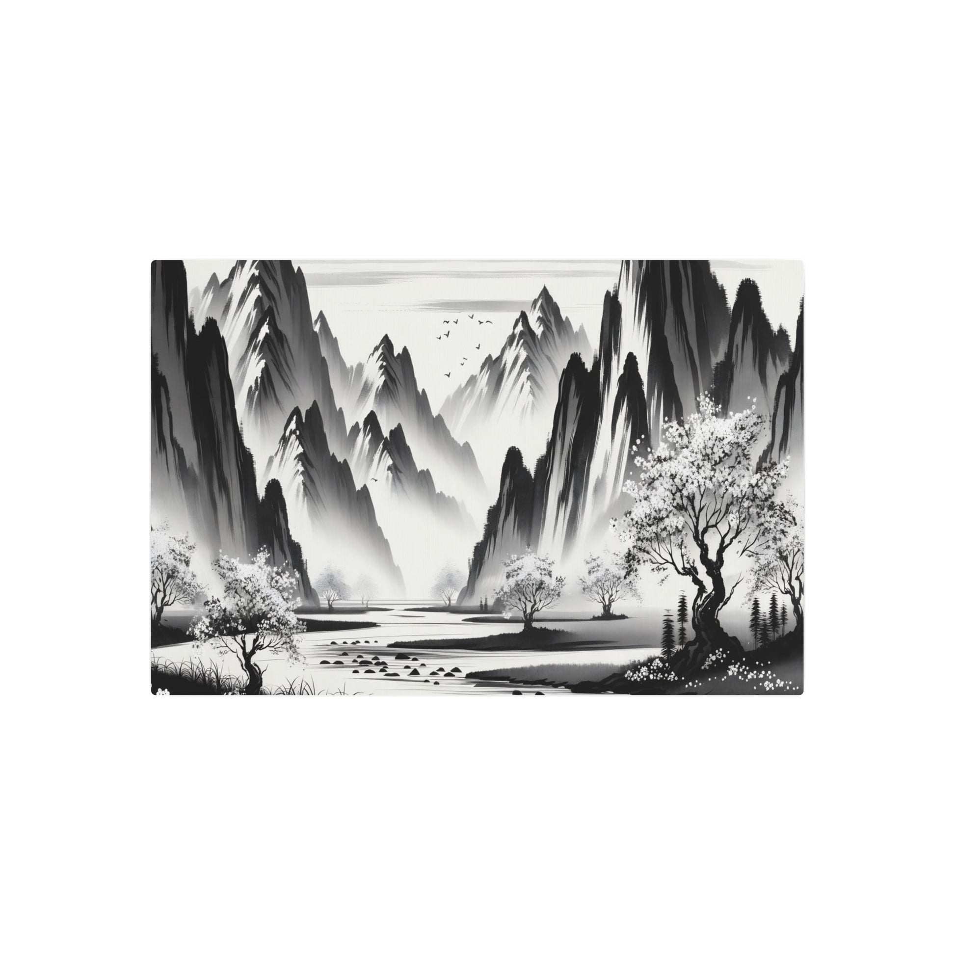 Metal Poster Art | "Sumi - e Japanese Ink Wash Artwork - Serene Landscape with Majestic Mountains, Flowing River & Cherry Blossom Trees | Traditional Asian Art - Metal Poster Art 36″ x 24″ (Horizontal) 0.12''