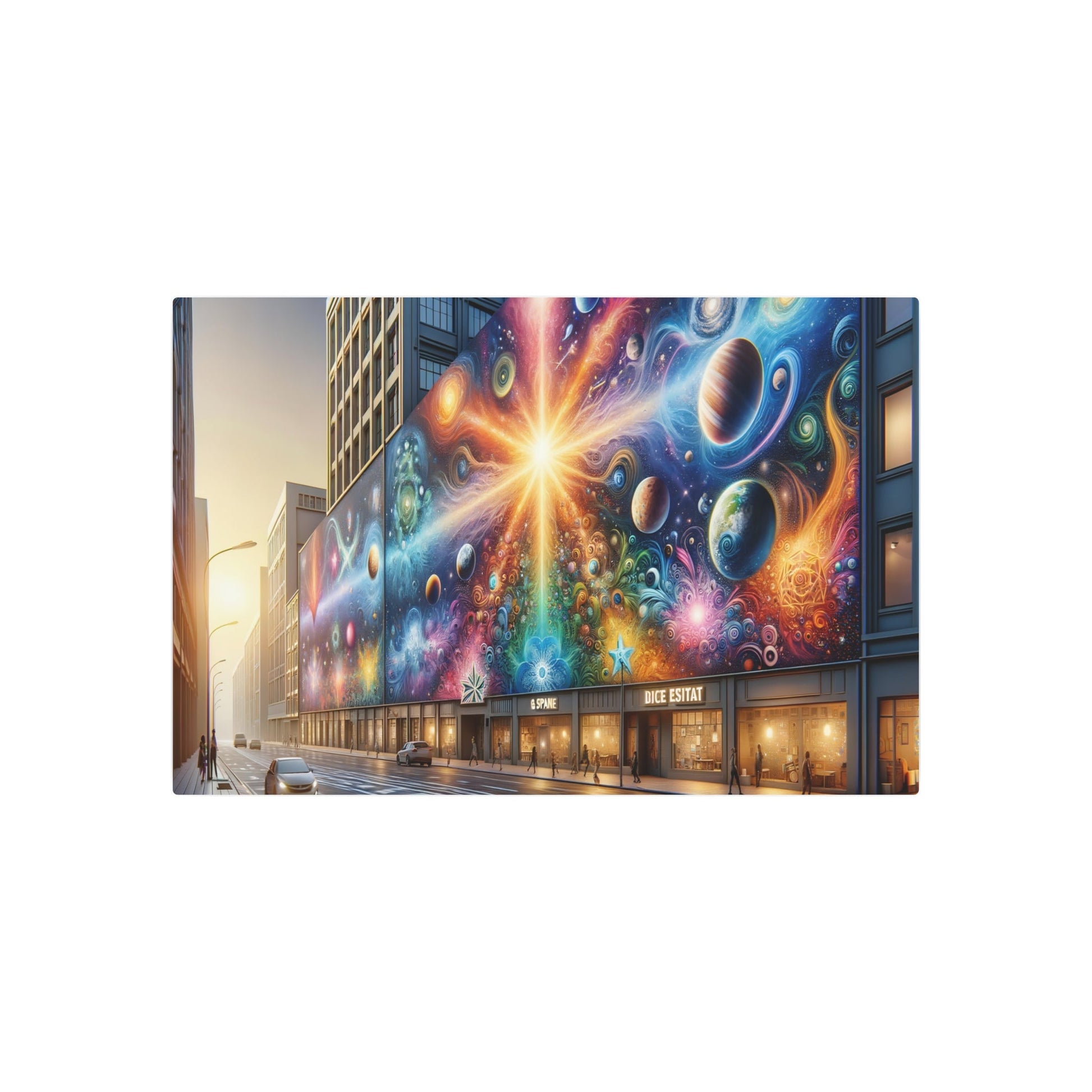 Metal Poster Art | "Modern & Contemporary Cosmic Playground: Diverse Celestial - Themed Street Art in Vibrant City Street - Galaxies, Planets and Stars Murals - Metal Poster Art 36″ x 24″ (Horizontal) 0.12''