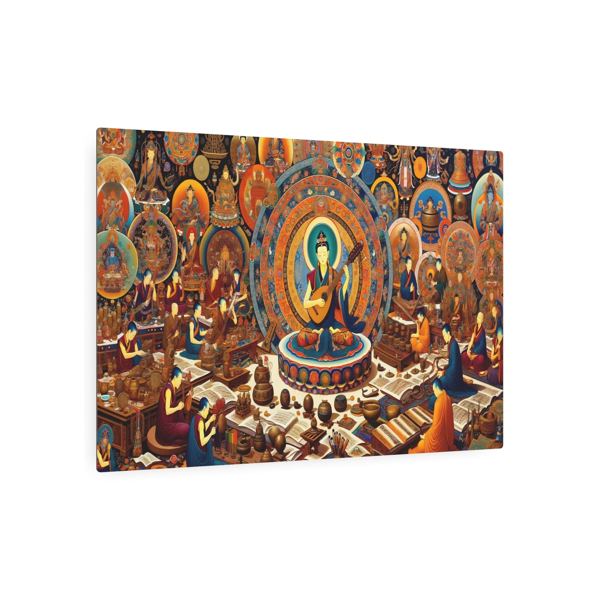 Metal Poster Art | "Thangka - Style Tibetan Art Painting: Musical Theme with Dramnyen Player and Traditional Instruments Encircled by Monks in Artistic Purs - Metal Poster Art 36″ x 24″ (Horizontal) 0.12''