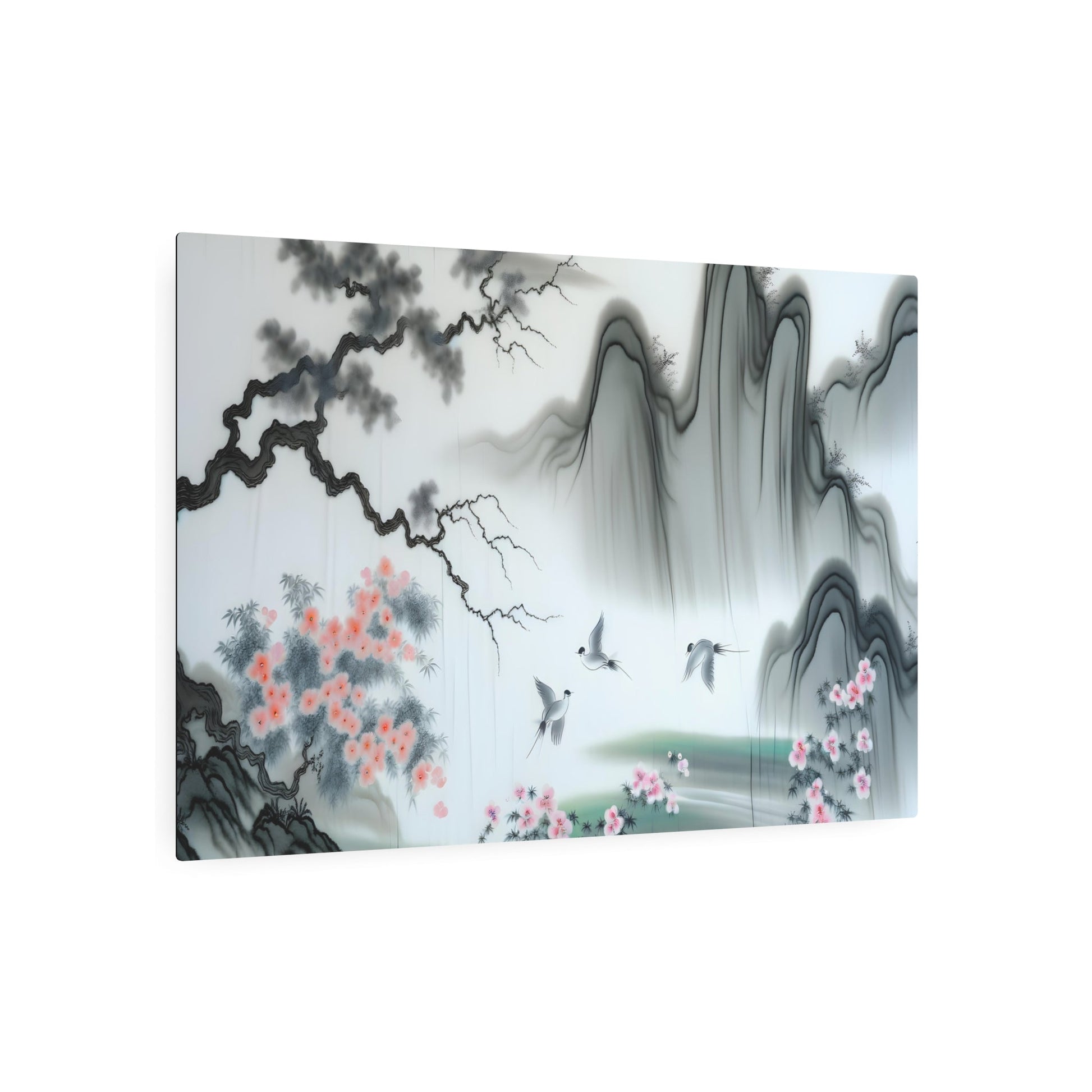 Metal Poster Art | "Traditional Chinese Silk Painting: Vibrant Landscapes and Delicate Flora in Elegant Muted Tones - Asian Art Styles" - Metal Poster Art 36″ x 24″ (Horizontal) 0.12''