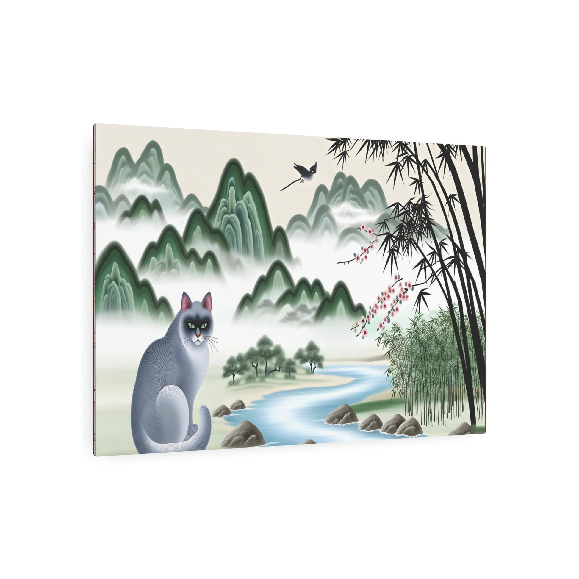 Metal Poster Art | "Traditional Chinese Landscape Artwork with Graceful Cat, Misty Mountains, Flowing River and Cherry Blossoms - Serene Asian Art Styles in the - Metal Poster Art 36″ x 24″ (Horizontal) 0.12''