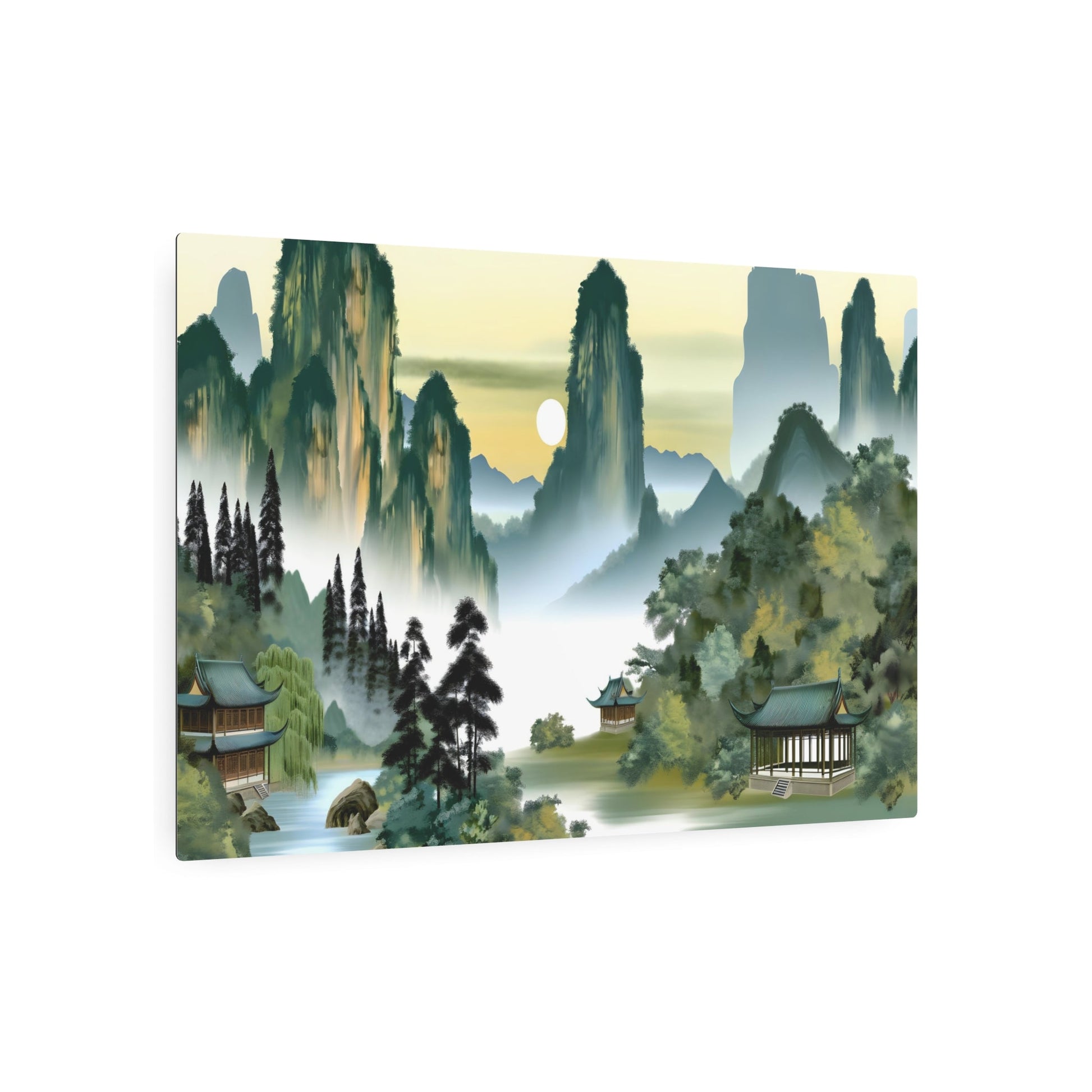 Metal Poster Art | "Traditional Chinese Landscape Artwork - Misty Mountain, Serene River & Ancient Pavilion Sunset Scene - Asian Art Styles, Chinese Landscape Sub-category" - Metal Poster Art 36″ x 24″ (Horizontal) 0.12''