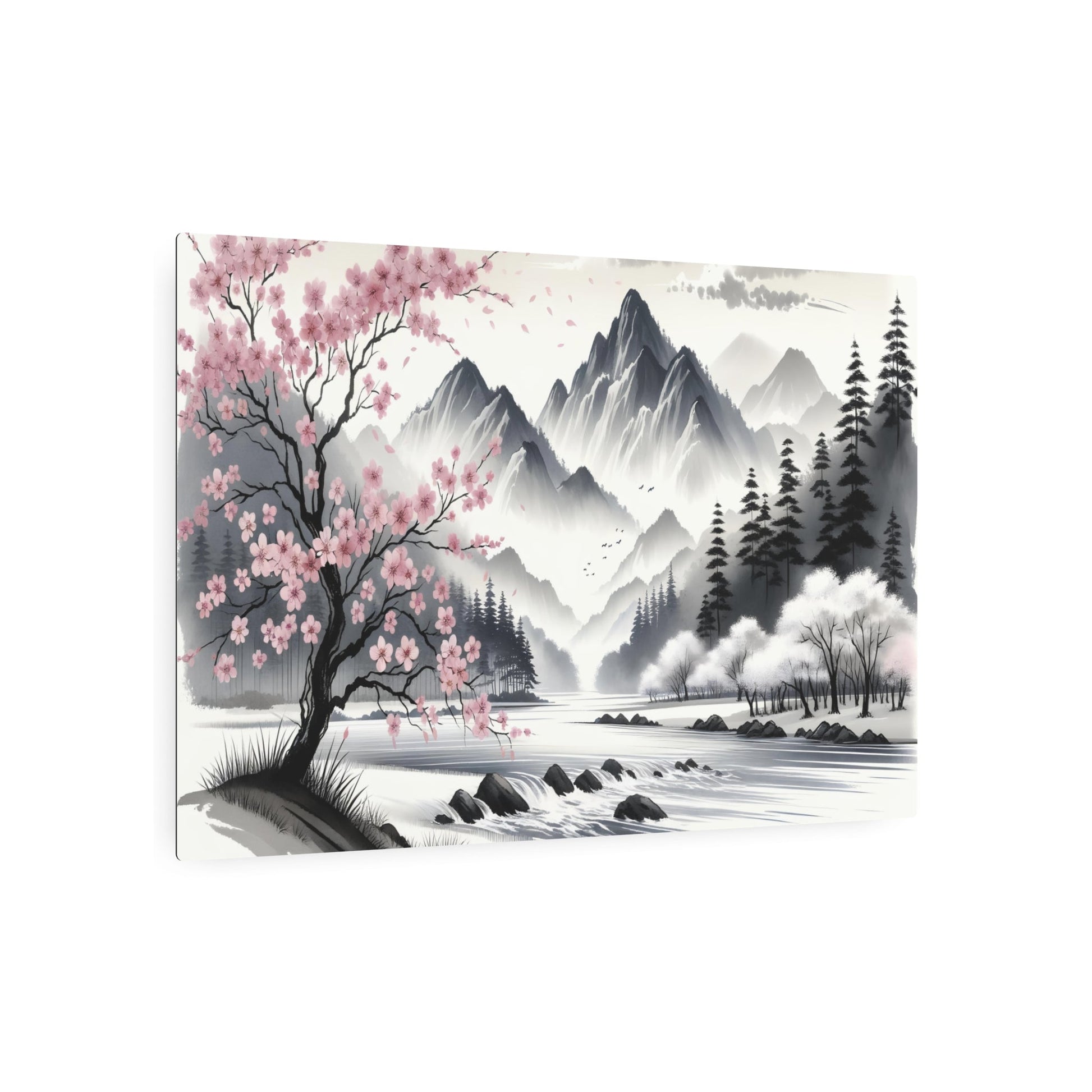 Metal Poster Art | "Japanese Sumi - e Ink Wash Painting - Tranquil Landscape with Mountains, Flowing River and Cherry Blossom Trees - Asian Art Styles Collection" - Metal Poster Art 36″ x 24″ (Horizontal) 0.12''