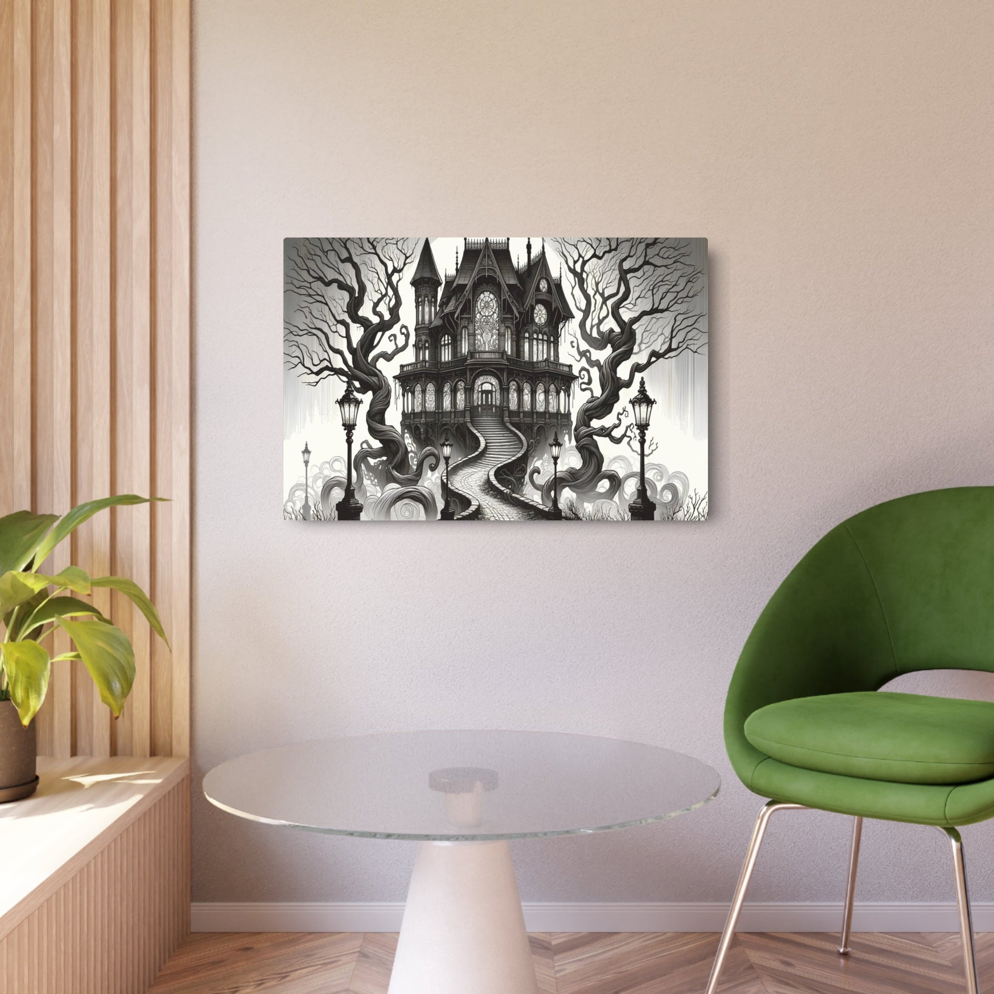 Metal Poster Art | "Art Nouveau Western Style: Spooky Haunted Mansion Scene - Ghostly Artistic Illustration" - Metal Poster Art 36″ x 24″ (Horizontal) 0.12''