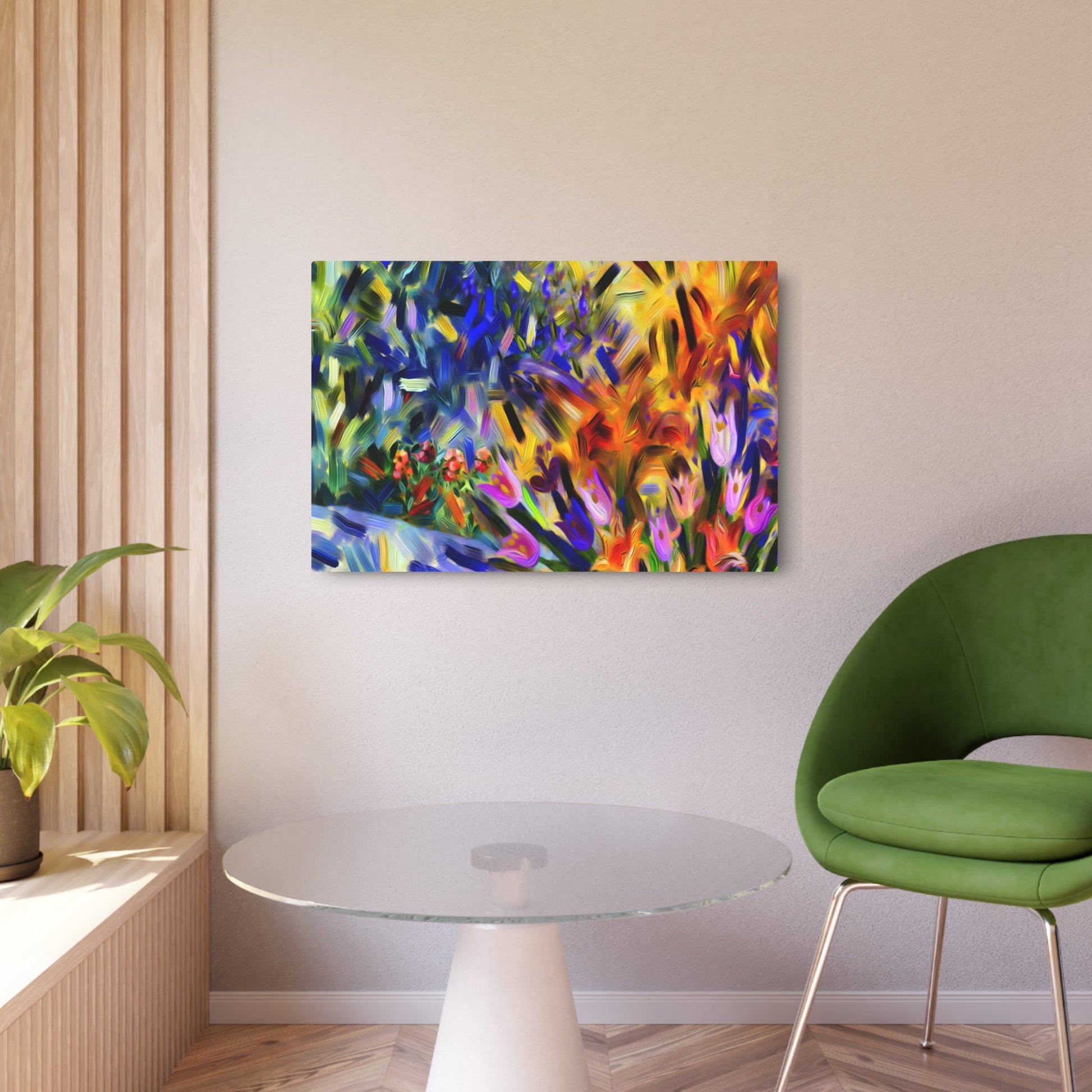 Metal Poster Art | "Modern Abstract Expressionist Art - Bold and Vivid Garden Flowers Interpretation in Contemporary Style" - Metal Poster Art 36″ x 24″ (Horizontal) 0.12''