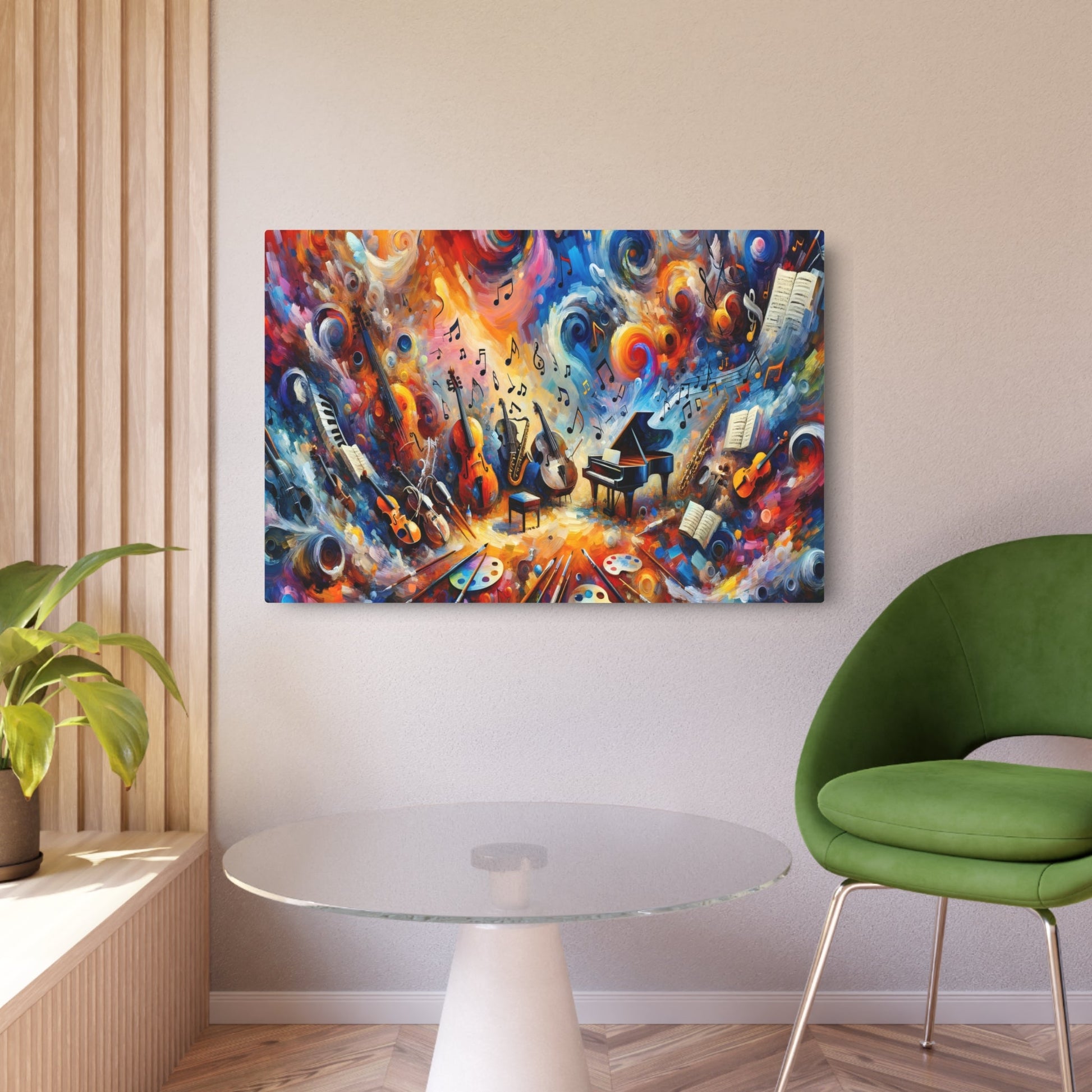 Metal Poster Art | "Modern Abstract Expressionism Art - Vibrant Symphony of Music and Art - Contemporary Style Grand Piano, Violin, Saxophone Musical Elements Canvas Print" - Metal Poster Art 36″ x 24″ (Horizontal) 0.12''