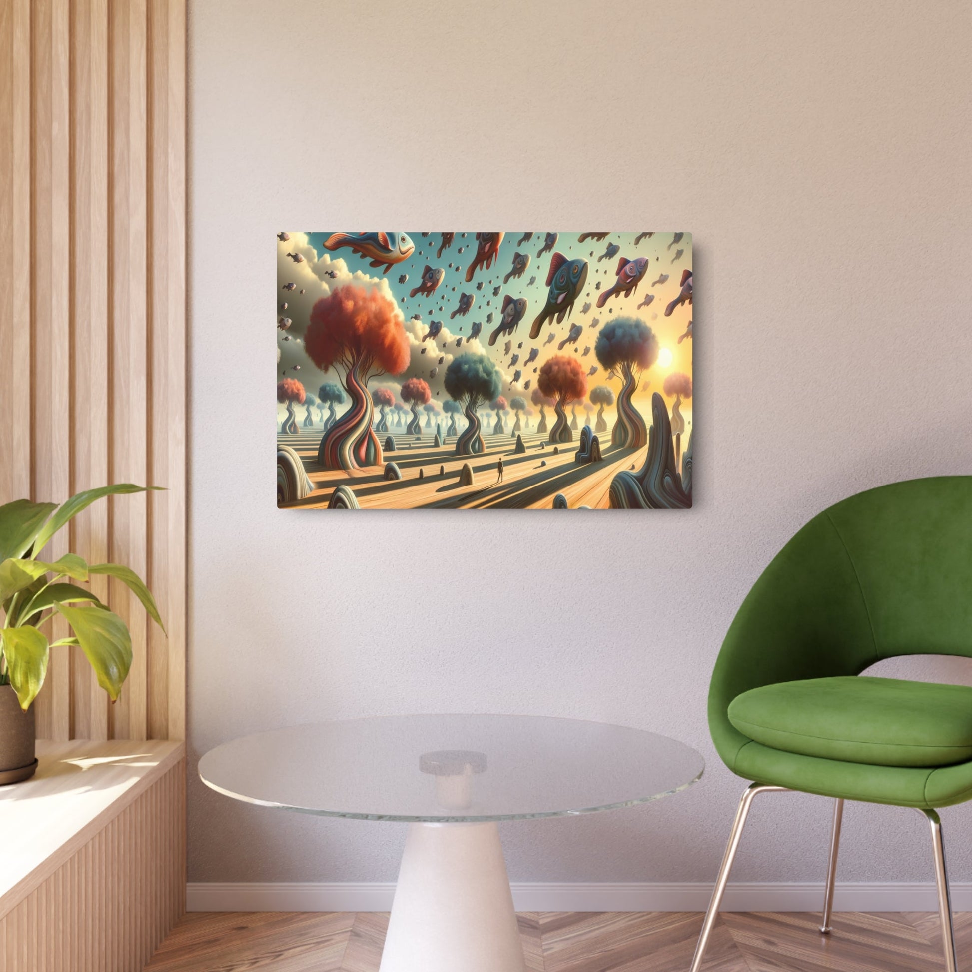 Metal Poster Art | "Modern Surrealistic Art - Dreamlike Landscape with Life - Size Creatures and Floating Fish Sky in Contemporary Surrealism Style" - Metal Poster Art 36″ x 24″ (Horizontal) 0.12''