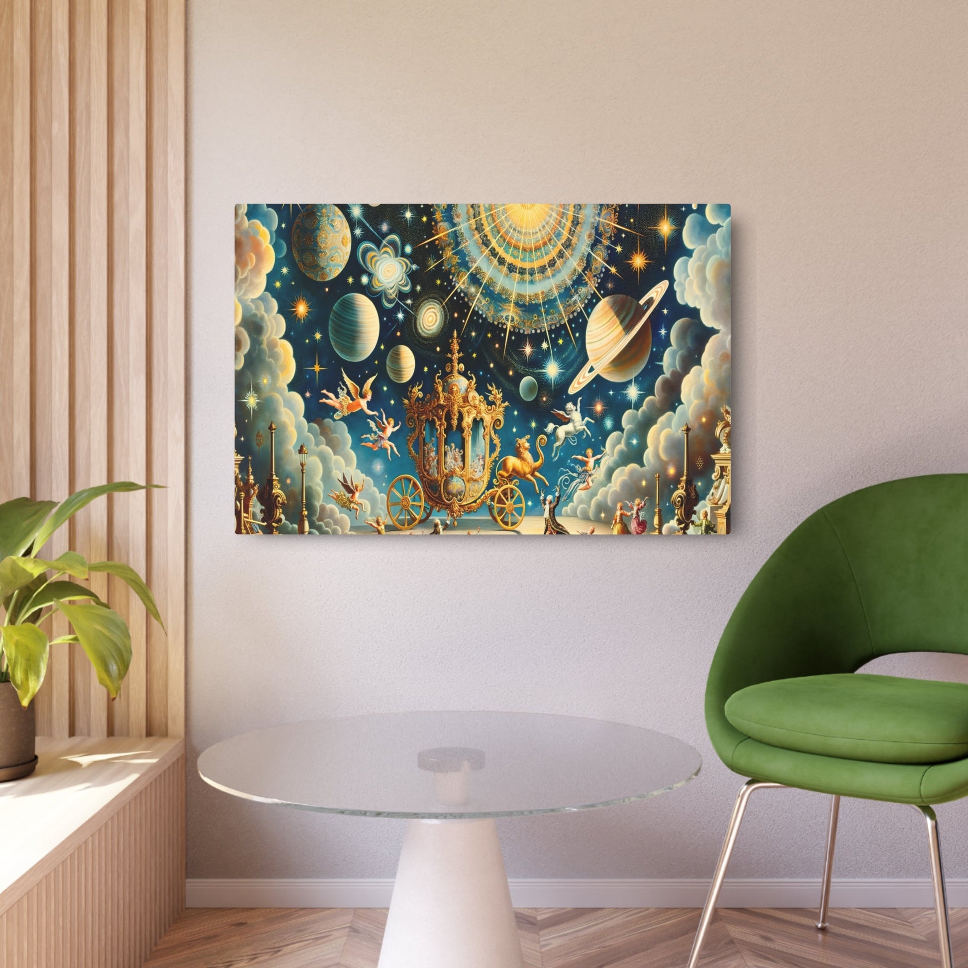 Metal Poster Art | "Rococo Period - Inspired Celestial Scene Painting - Western Art Style featuring Planets, Stars, Galaxies and Cherubs in Rich Blue - Metal Poster Art 36″ x 24″ (Horizontal) 0.12''