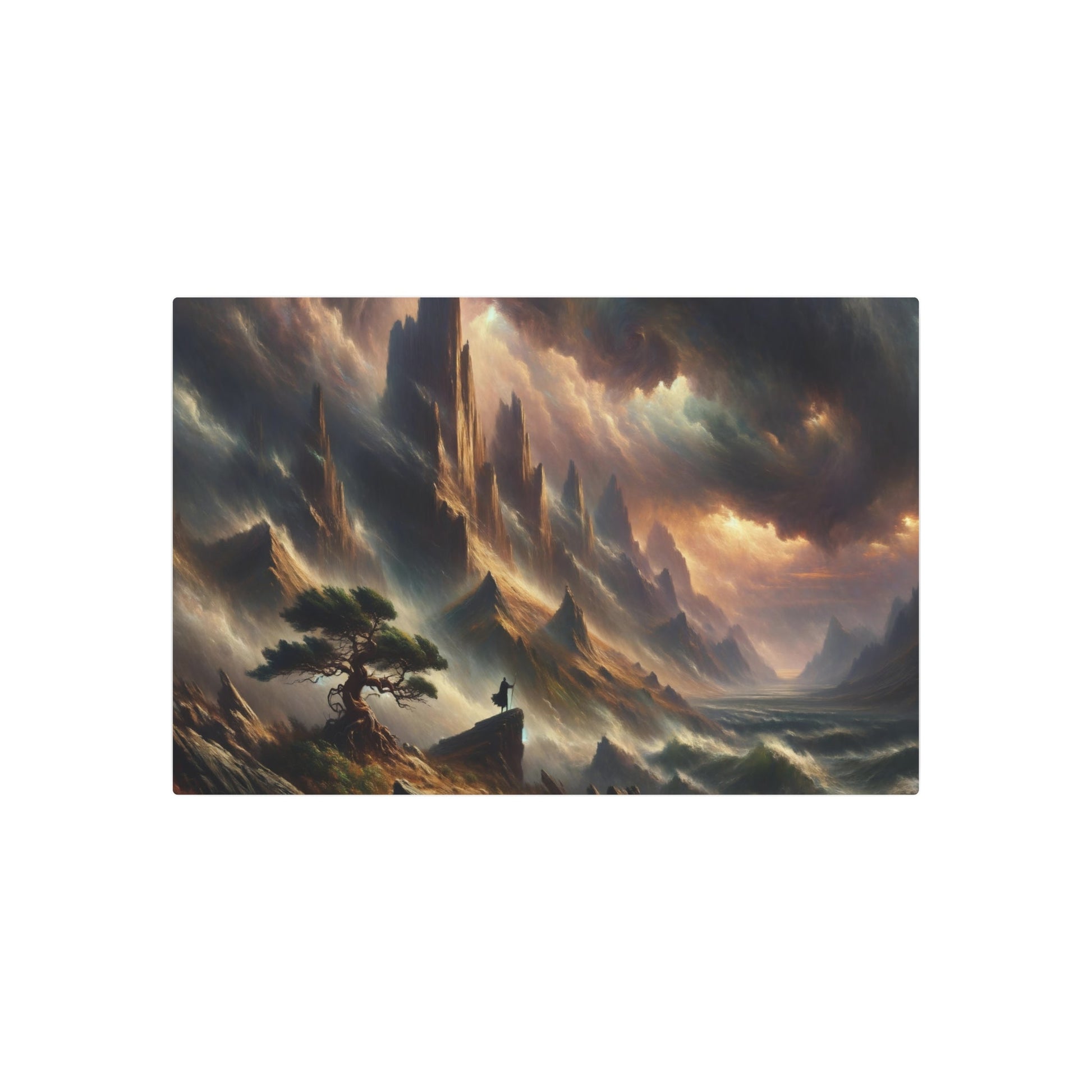 Metal Poster Art | "Romanticism Western Art Style: Dramatic Mountain Landscape with Stormy Sky and Solitary Figure by Tree" - Metal Poster Art 36″ x 24″ (Horizontal) 0.12''