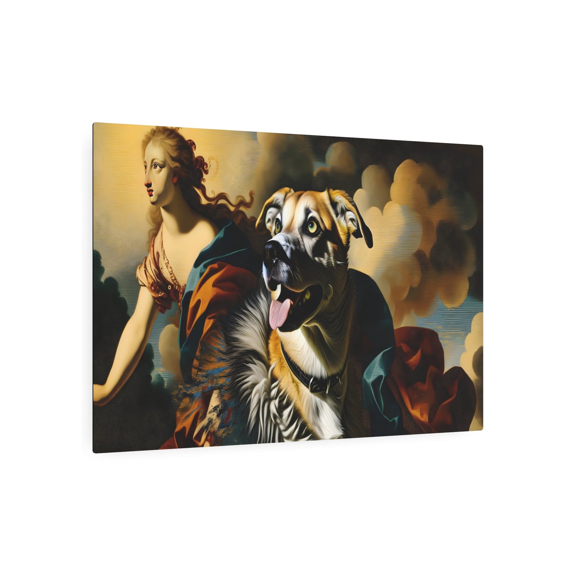 Metal Poster Art | "Baroque Art Style Dog Portrait - Lavish Western Art with Dramatic Posture and Deep Color Contrasts" - Metal Poster Art 36″ x 24″ (Horizontal) 0.12''