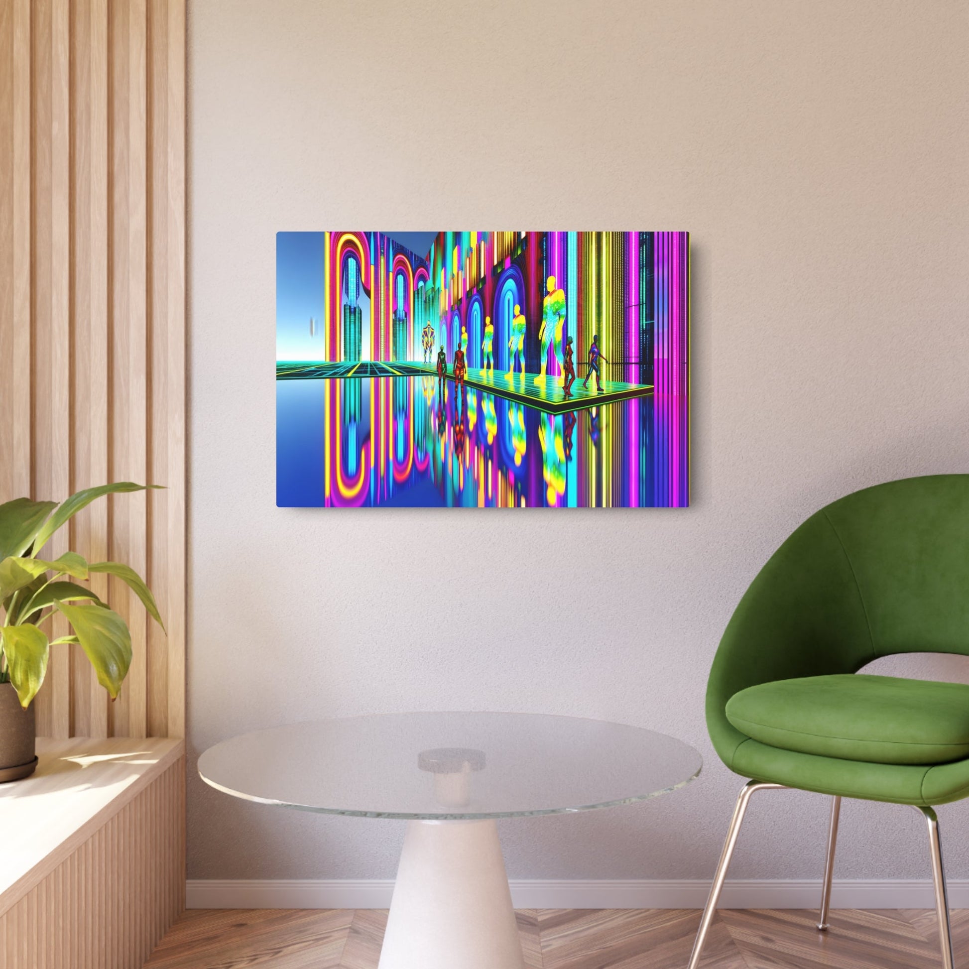 Metal Poster Art | "Modern Contemporary Digital Art - Vibrant Neon Landscape with Futuristic Architecture & Hyperrealistic Characters Interaction" - Metal Poster Art 36″ x 24″ (Horizontal) 0.12''