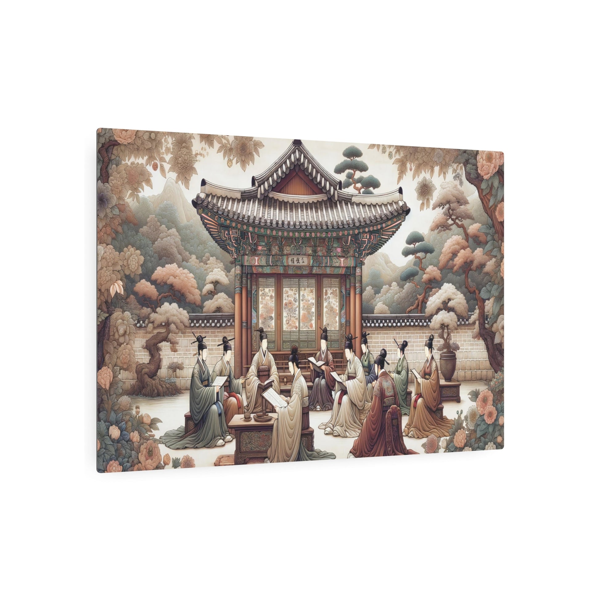 Metal Poster Art | "Joseon Dynasty Inspired Artwork: Korean Scholars, Traditional Architecture and Floral Motifs in Lush Landscapes - Asian Art Styles Collection" - Metal Poster Art 36″ x 24″ (Horizontal) 0.12''