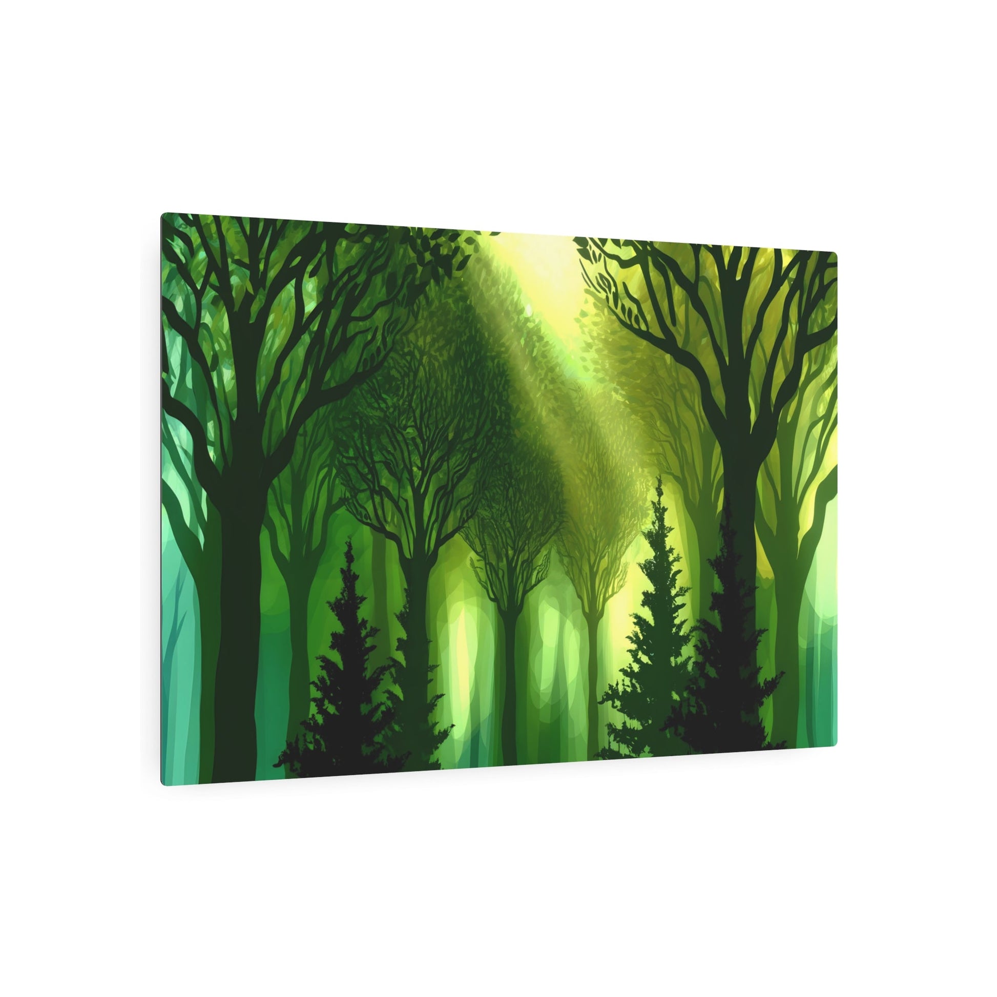 Metal Poster Art | "Modern Contemporary Digital Art: Lush Green Forest Landscape Illuminated by Soft Sunlight - Detailed Tree Artwork" - Metal Poster Art 36″ x 24″ (Horizontal) 0.12''
