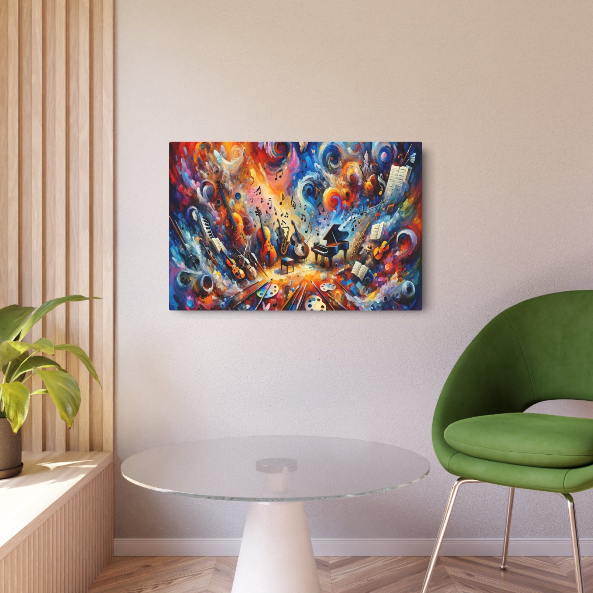 Metal Poster Art | "Modern Abstract Expressionism Art - Vibrant Symphony of Music and Art - Contemporary Style Grand Piano, Violin, Saxophone Musical Elements Canvas Print" - Metal Poster Art 36″ x 24″ (Horizontal) 0.12''