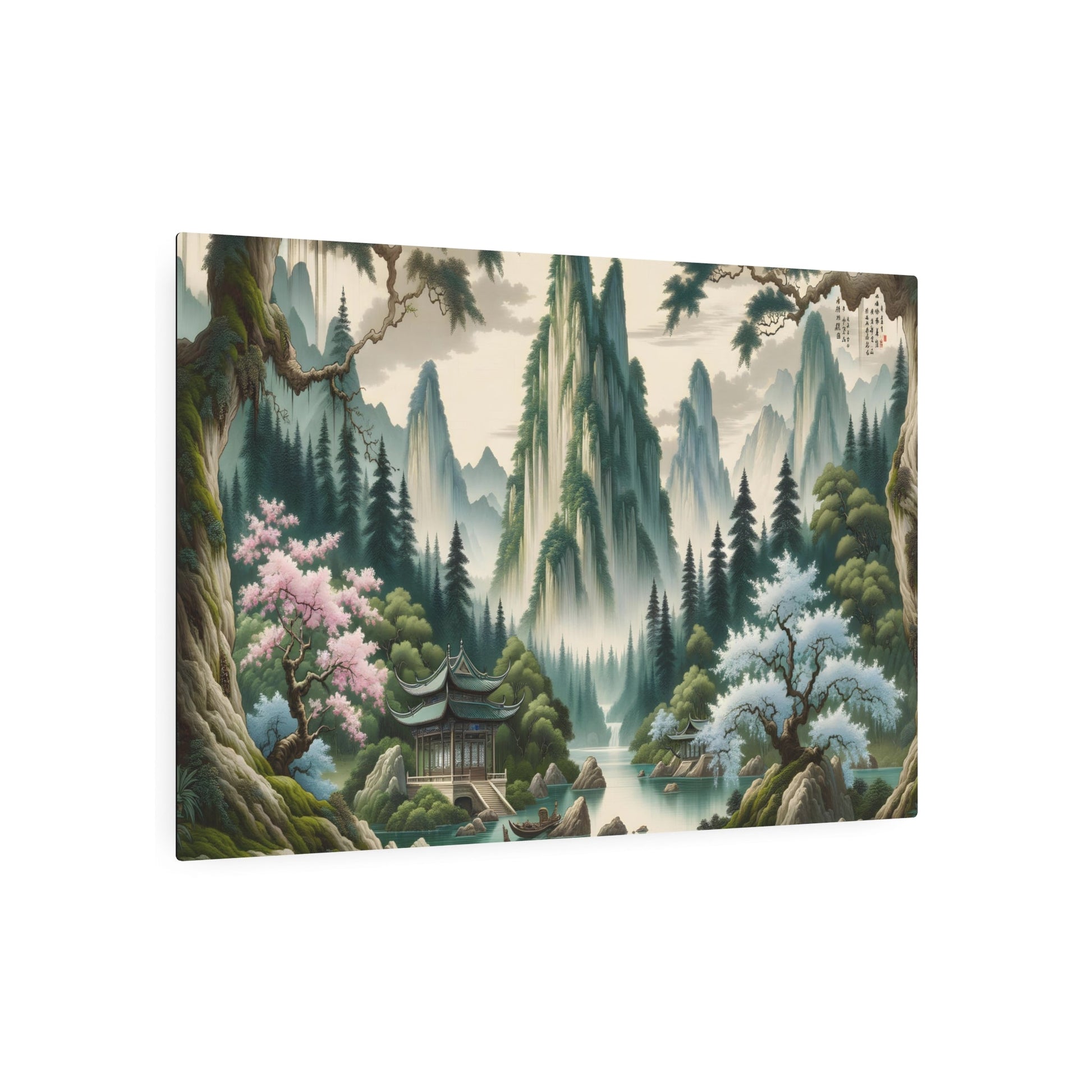 Metal Poster Art | "Traditional Chinese Silk Painting Art - Ethereal Mountains, Serene Waters, Cherry Blossoms and Ancient Pavilion in Lush Greenery - Asian Art Styles - Metal Poster Art 36″ x 24″ (Horizontal) 0.12''