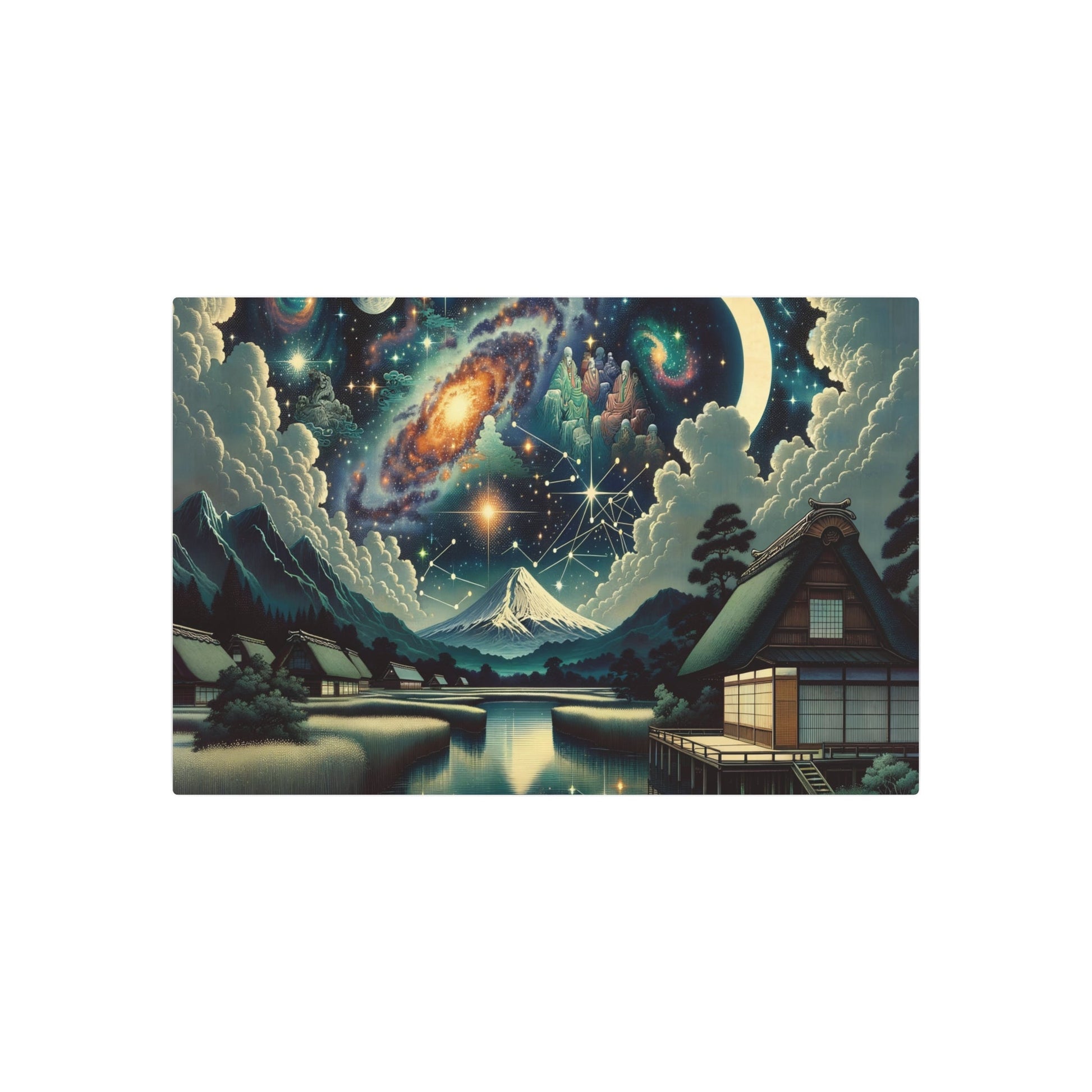 Metal Poster Art | "Ukiyo - e Style Asian Art - Traditional Japanese Countryside Night Sky with Celestial Bodies, Constellations and Crescent Moon" - Metal Poster Art 36″ x 24″ (Horizontal) 0.12''