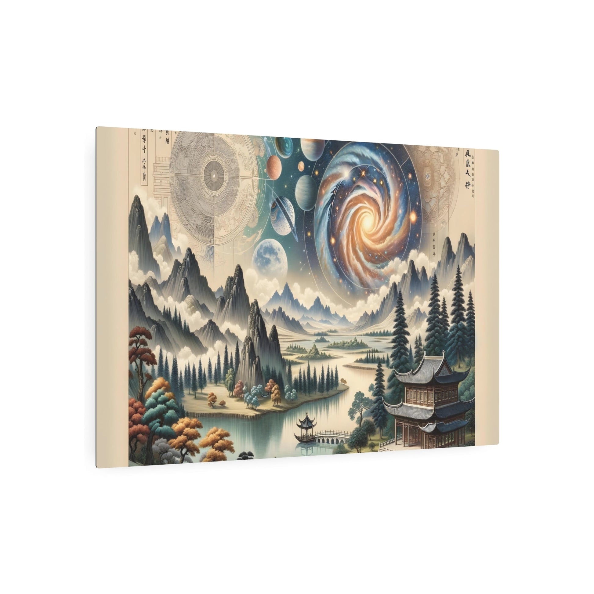 Metal Poster Art | "Chinese Landscape Art: Harmonious Fusion of Celestial Bodies and Traditional Elements - Asian Art Styles Collection" - Metal Poster Art 36″ x 24″ (Horizontal) 0.12''