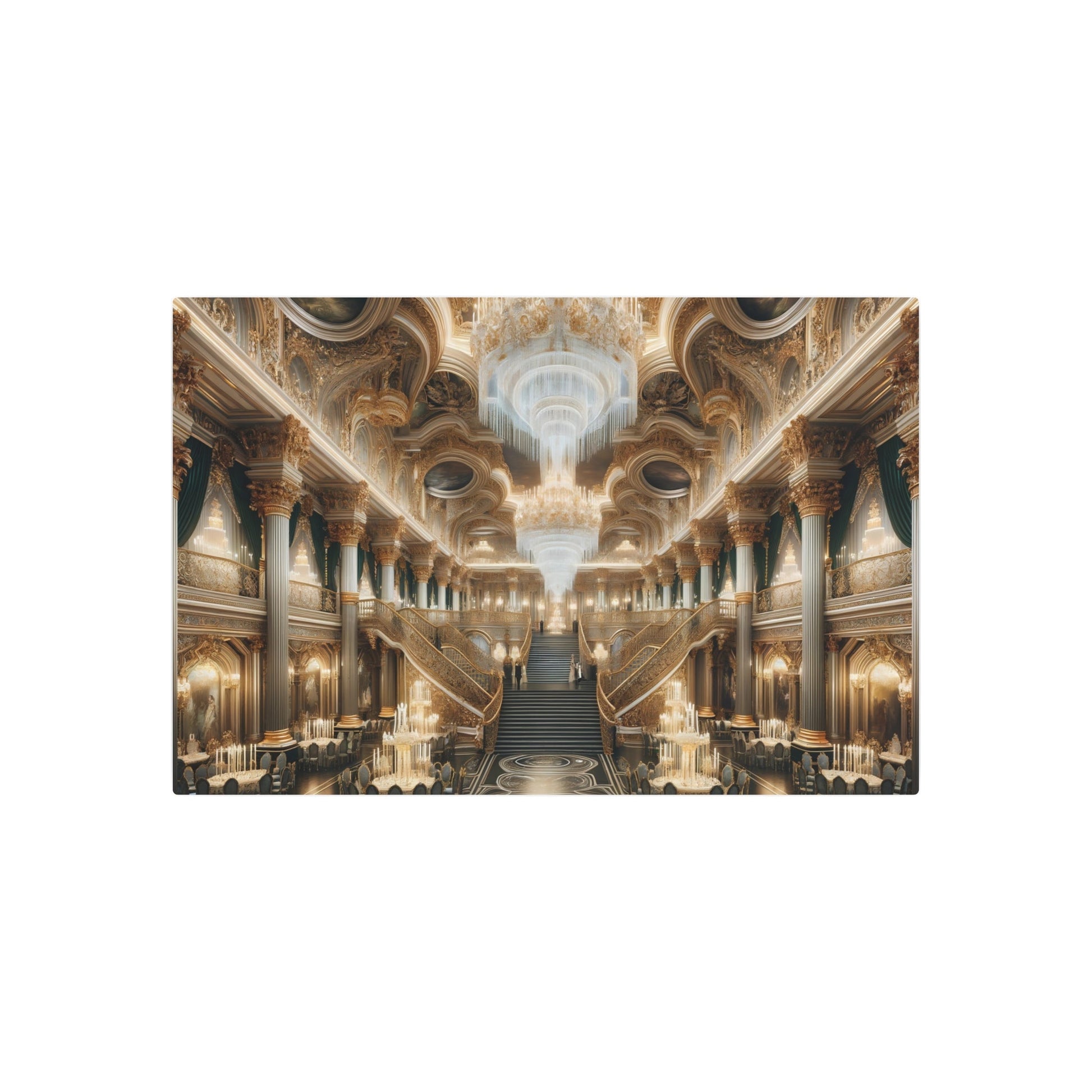 Metal Poster Art | "Baroque Art: Grand Palace Banquet Hall with Gilded Details, Chandeliers and Grand Staircase in Western Art Styles Collection" - Metal Poster Art 36″ x 24″ (Horizontal) 0.12''