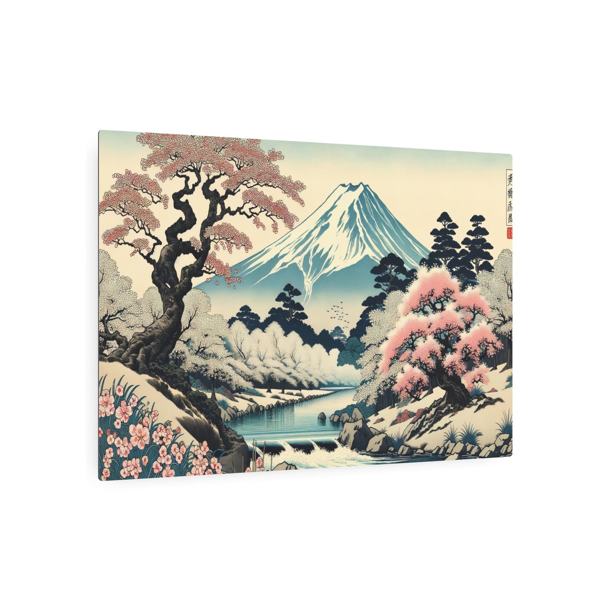 Metal Poster Art | "Traditional Ukiyo - e Japanese Art Print - Tranquil Cherry Blossom River Scene with Snow - capped Mount Fuji - Asian Art Styles Collection" - Metal Poster Art 36″ x 24″ (Horizontal) 0.12''