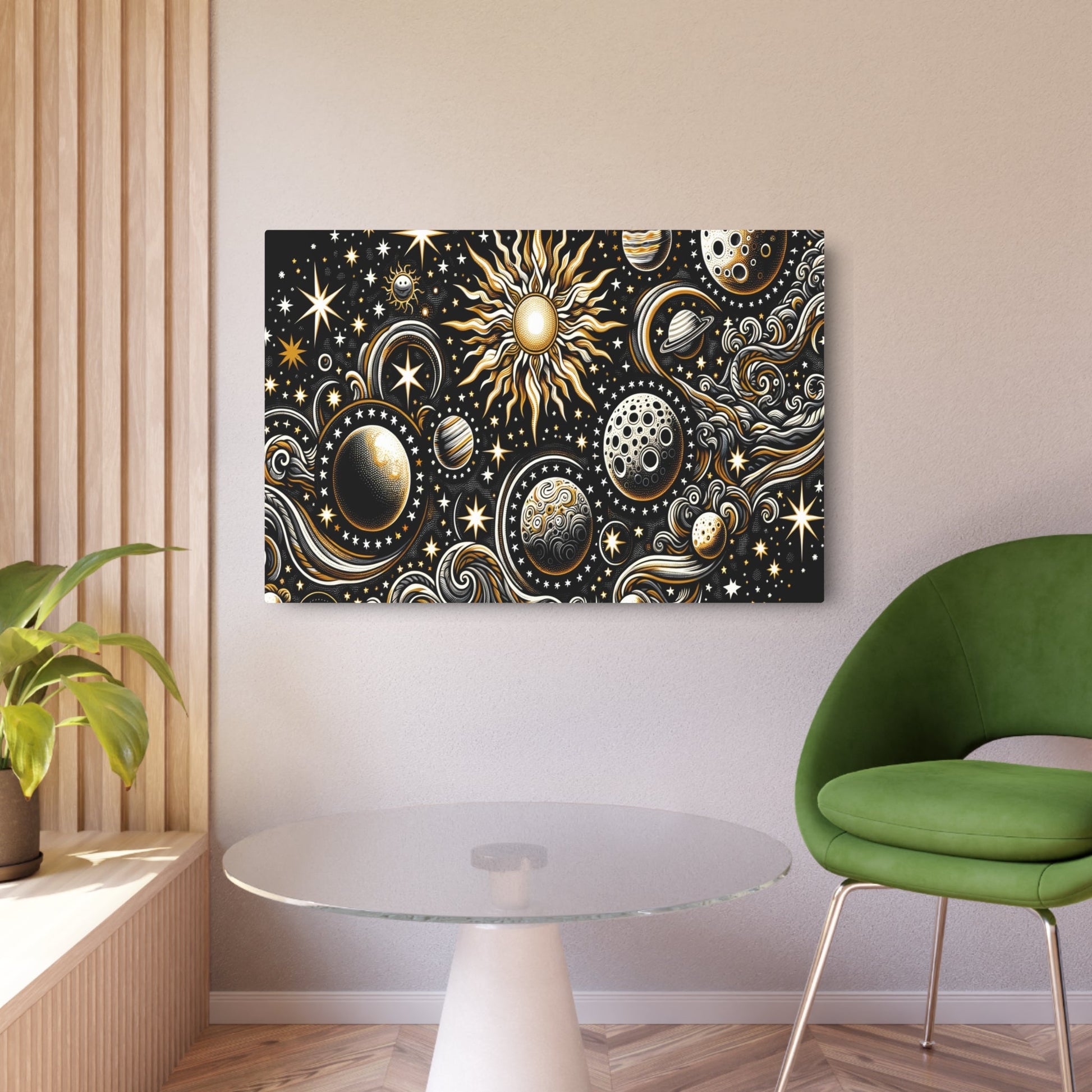 Metal Poster Art | "Indonesian Batik Artwork with Celestial Bodies - Handcrafted Sun, Moon, Stars and Planets Design in Non - Western & Global - Metal Poster Art 36″ x 24″ (Horizontal) 0.12''