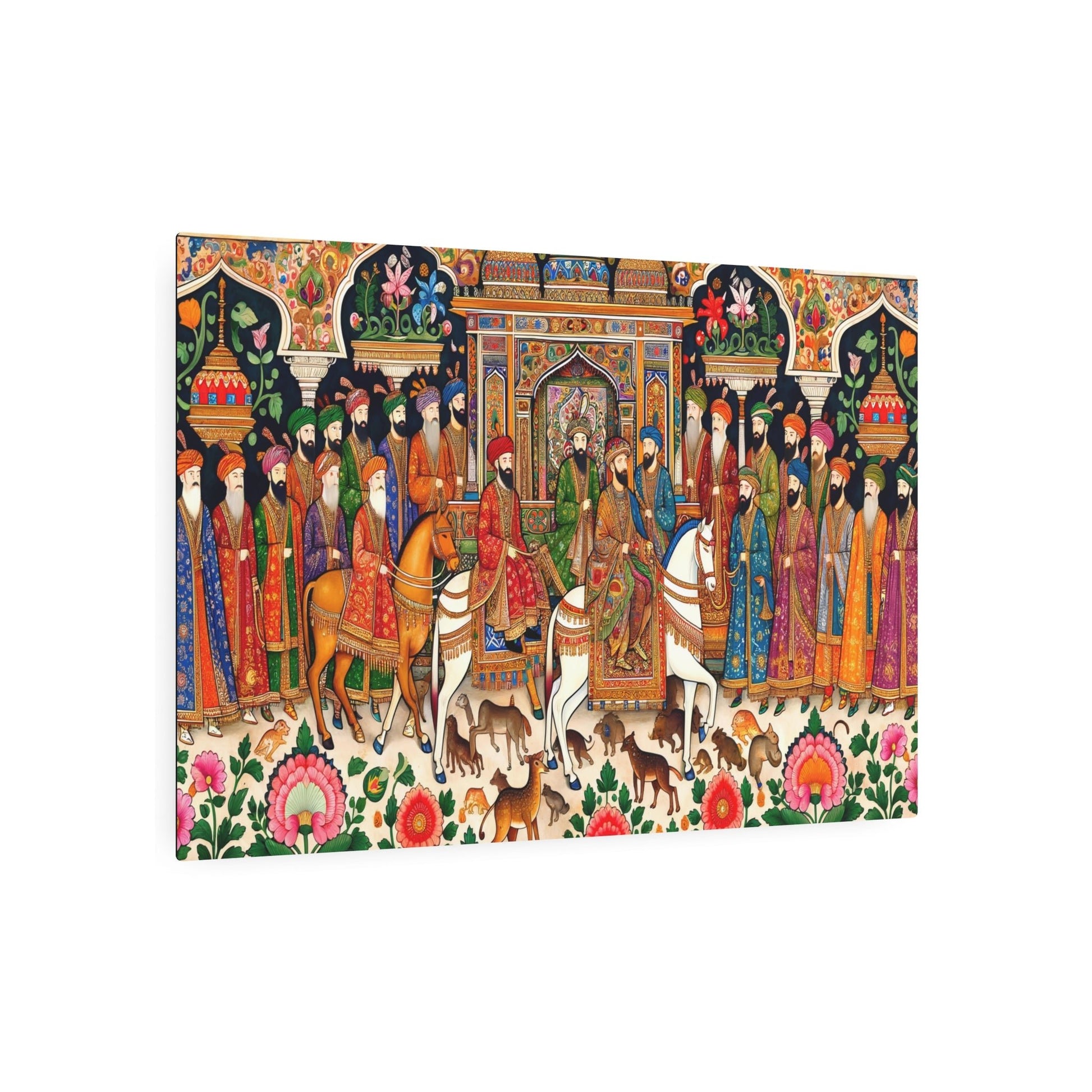 Metal Poster Art | "Mughal Miniature Art Rendering: Regal Figures, Vibrant Patterns & Exotic Animals – South Asian Non - Western Global Styles" - Metal Poster Art 36″ x 24″ (Horizontal) 0.12''