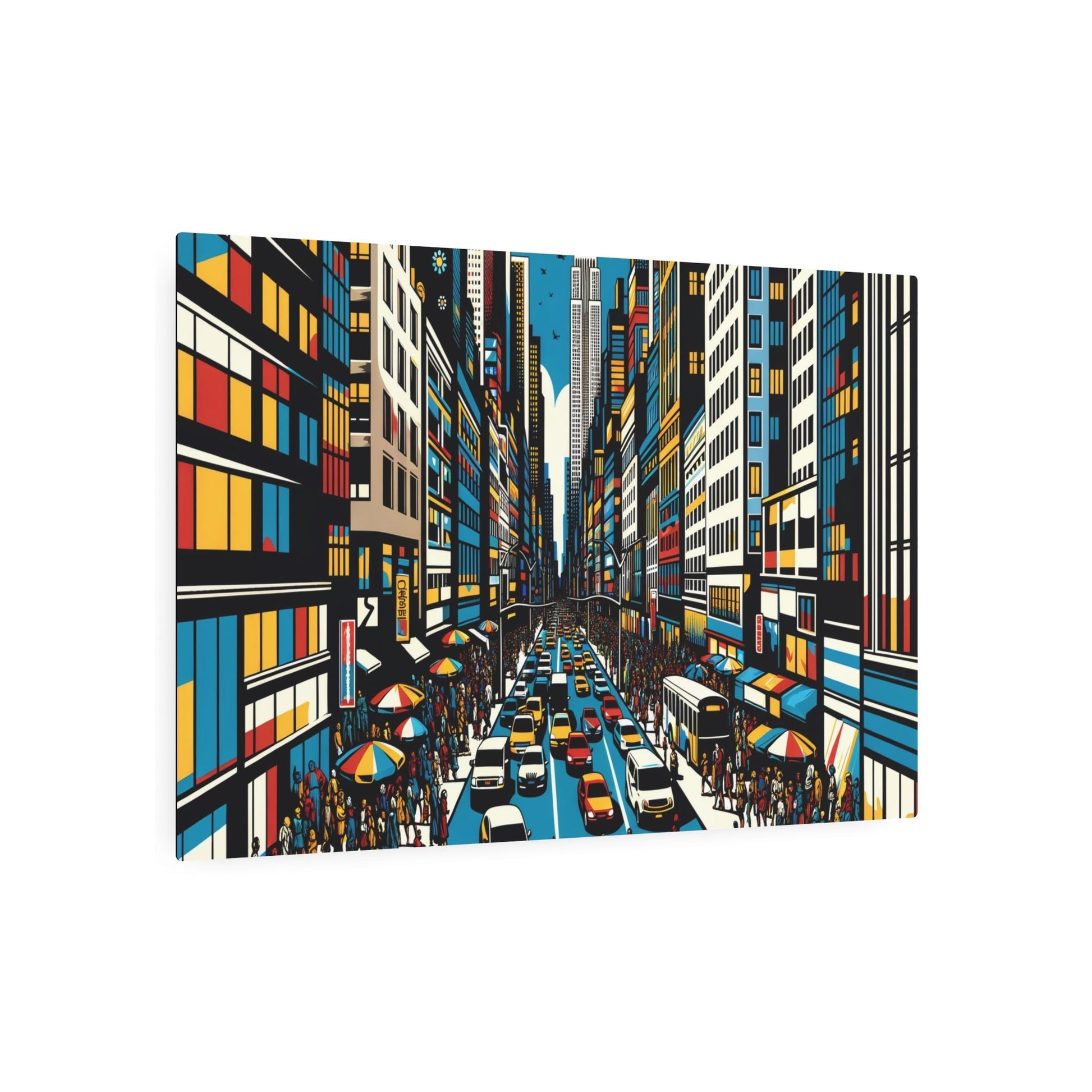 Metal Poster Art | "Pop Art Inspired Bustling City Street Scene - Vibrant Modern & Contemporary Graphic Wall Art" - Metal Poster Art 36″ x 24″ (Horizontal) 0.12''