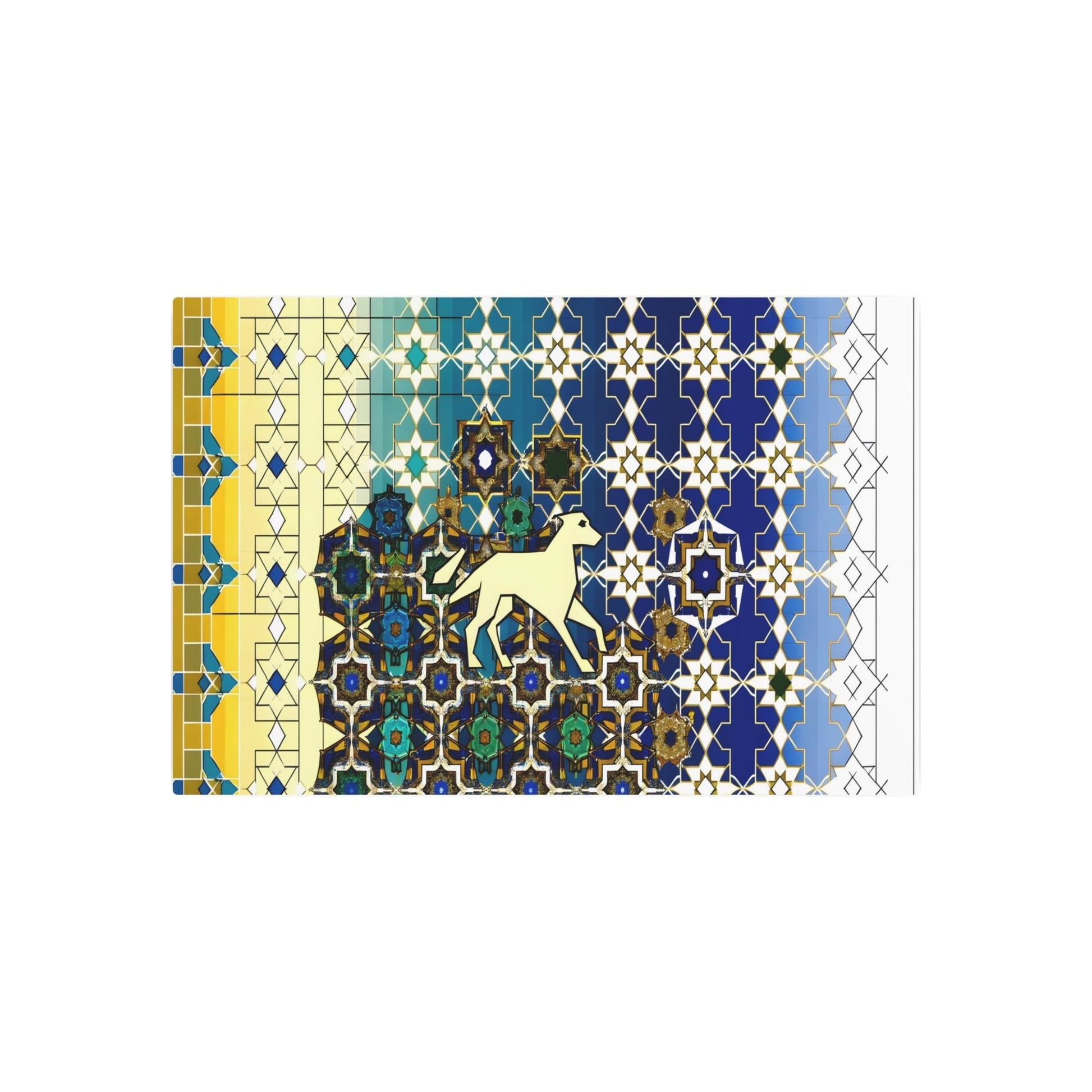 Metal Poster Art | "Subtle Canine Design within Intricate Islamic Geometric Art - Non-Western & Global Styles, Deep Blue and Gold Tones" - Metal Poster Art 36″ x 24″ (Horizontal) 0.12''