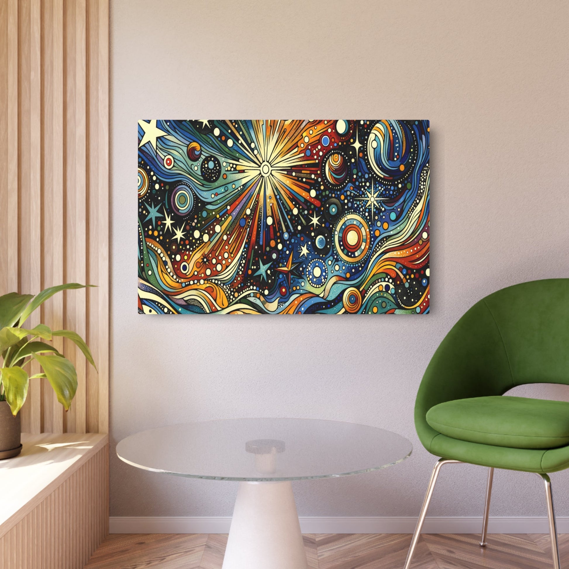 Metal Poster Art | "Modern Pop Art Style Celestial Scene Canvas - Bold Contrasting Colors with Comic Strip Techniques, Stars, Planets, and Galaxies Wall Art" - Metal Poster Art 36″ x 24″ (Horizontal) 0.12''