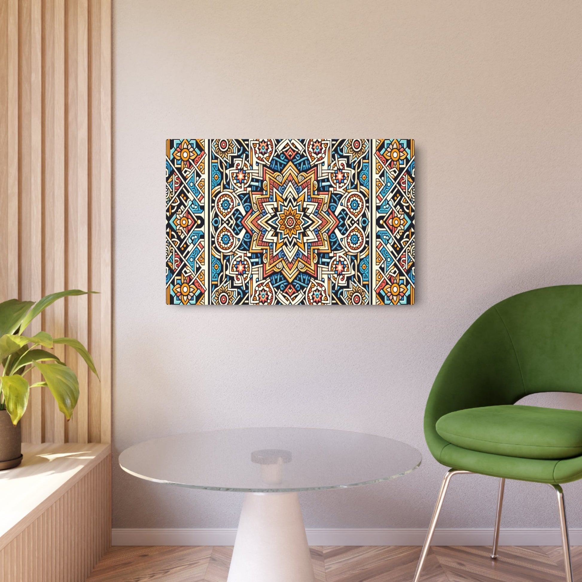 Metal Poster Art | "Islamic Geometric Patterns Art: Intricate and Symmetrical Star - Based Designs with Interlacing Circles - Vibrant, Aesthetically - Metal Poster Art 36″ x 24″ (Horizontal) 0.12''