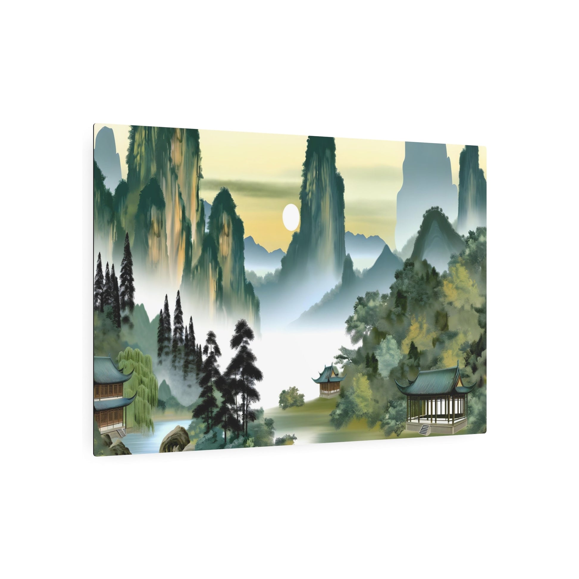 Metal Poster Art | "Traditional Chinese Landscape Artwork - Misty Mountain, Serene River & Ancient Pavilion Sunset Scene - Asian Art Styles, Chinese Landscape Sub-category" - Metal Poster Art 36″ x 24″ (Horizontal) 0.12''