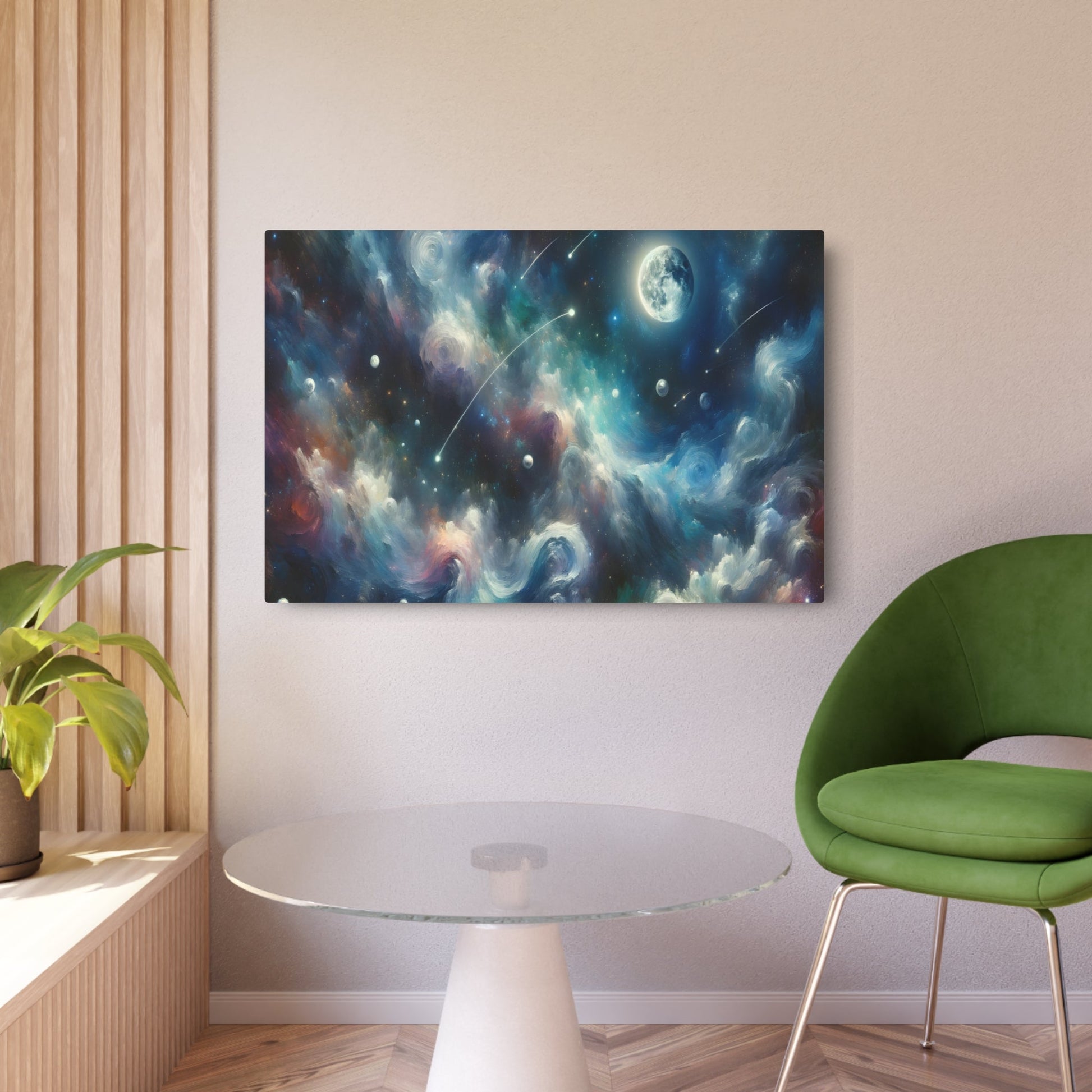 Metal Poster Art | "Impressionist Starry Night Canvas Art - Vibrant Moon & Meteor Shower in a Celestial Dance, Planetarium - Inspired Western Art in - Metal Poster Art 36″ x 24″ (Horizontal) 0.12''