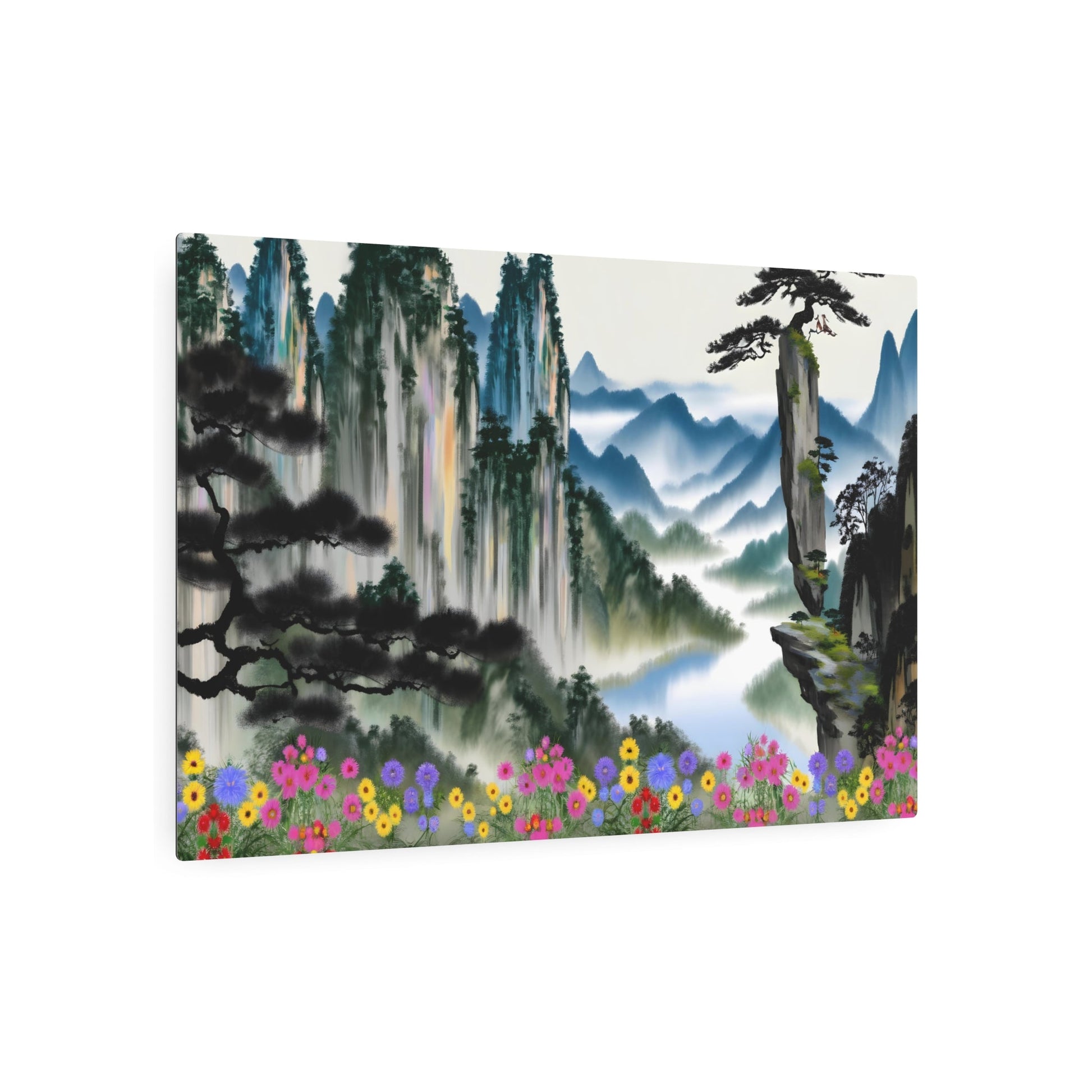 Metal Poster Art | "Harmony in Nature: Traditional Chinese Landscape Art with Vibrant Wildflowers - Asian Art Styles Collection" - Metal Poster Art 36″ x 24″ (Horizontal) 0.12''