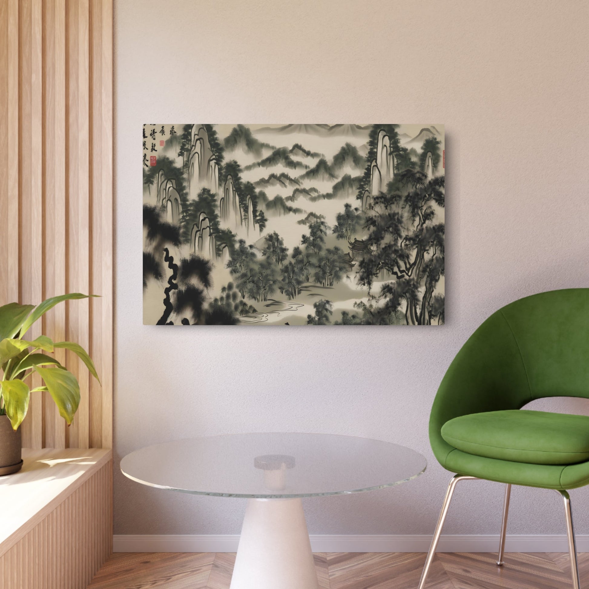 Metal Poster Art | "Traditional Chinese Landscape Art - Enchanting Forests and Lush Trees, Hand-Painted Ink Wash in Asian Art Styles, Sub-category: Chinese - Metal Poster Art 36″ x 24″ (Horizontal) 0.12''