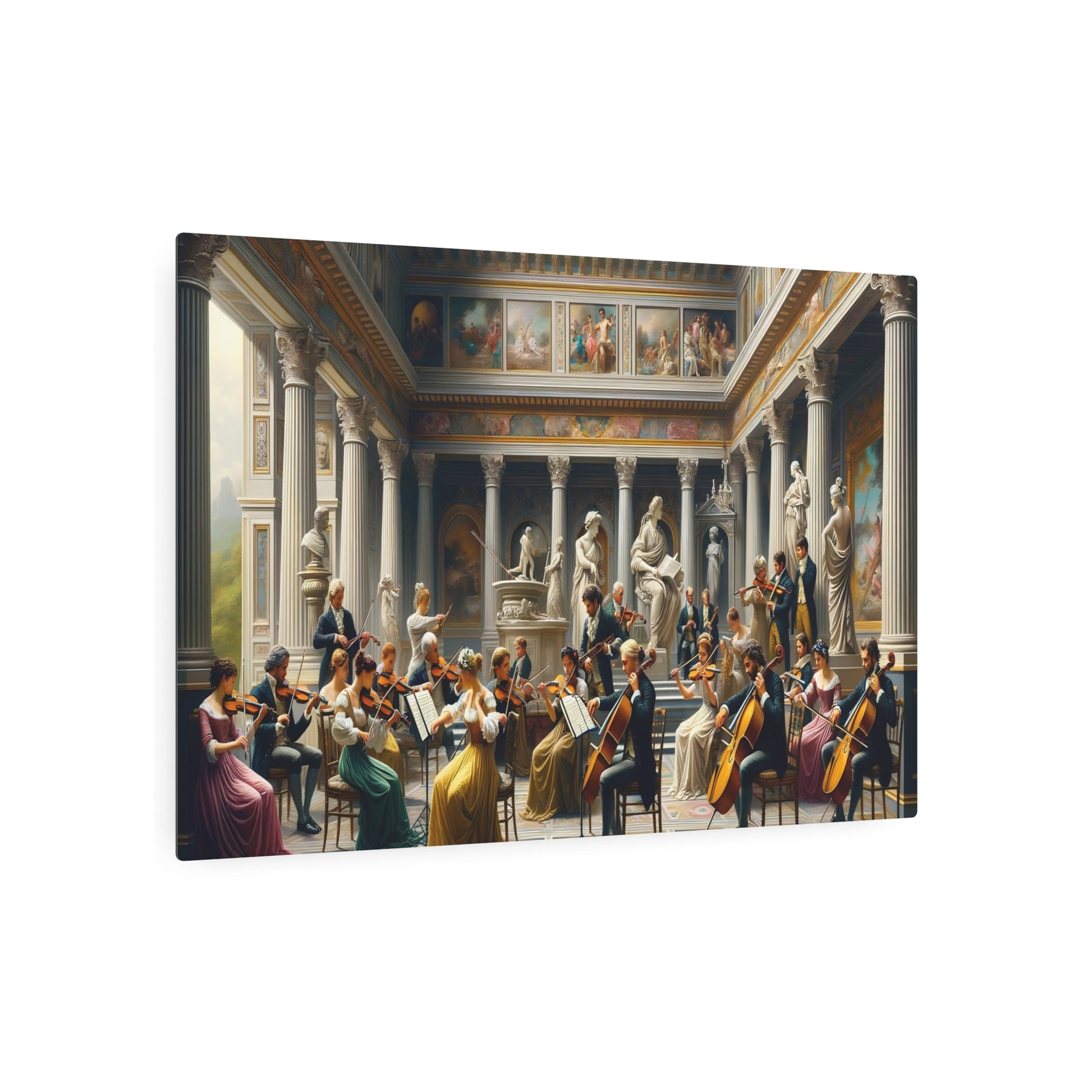 Metal Poster Art | "Neoclassical Art Print - Fusion of Music and Art Featuring Musicians, Violins, Cellos in Grand Grecian Rooms | Western - Metal Poster Art 36″ x 24″ (Horizontal) 0.12''