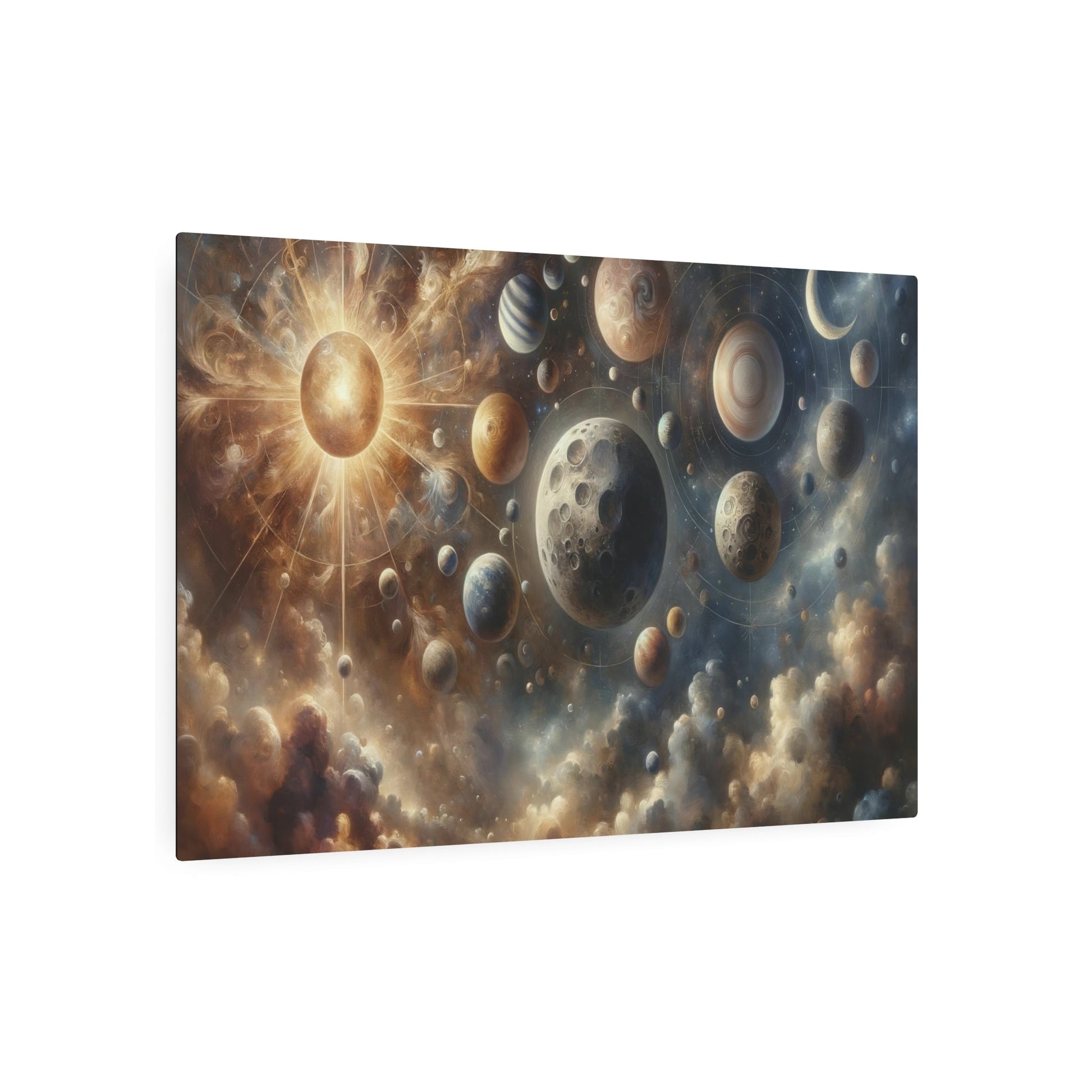 Metal Poster Art | "Renaissance Style Western Artwork - Celestial Bodies Portrayal Featuring Moon, Sun, Stars, and Planets" - Metal Poster Art 36″ x 24″ (Horizontal) 0.12''