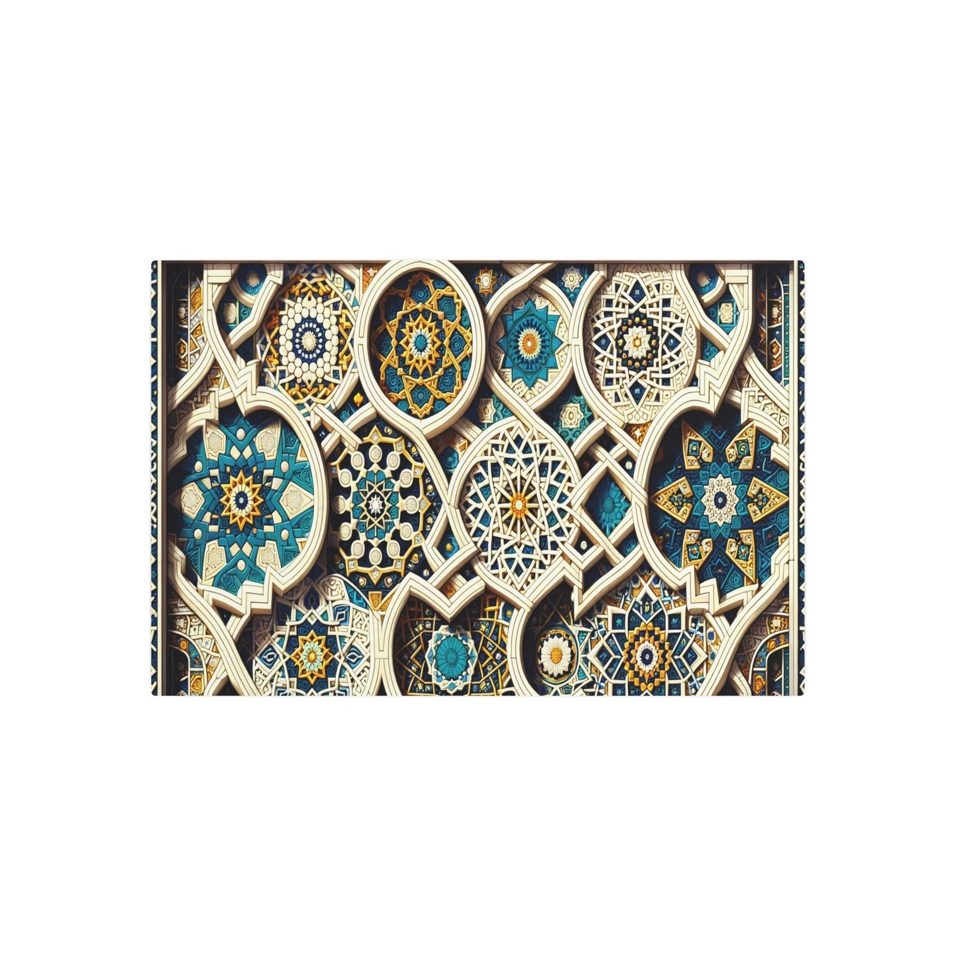 Metal Poster Art | "Islamic Geometric Patterns Wall Art in Traditional Bright Blues, Whites, and Golds - Exquisite Non - Western & Global Styles Decor Featuring Stars - Metal Poster Art 36″ x 24″ (Horizontal) 0.12''