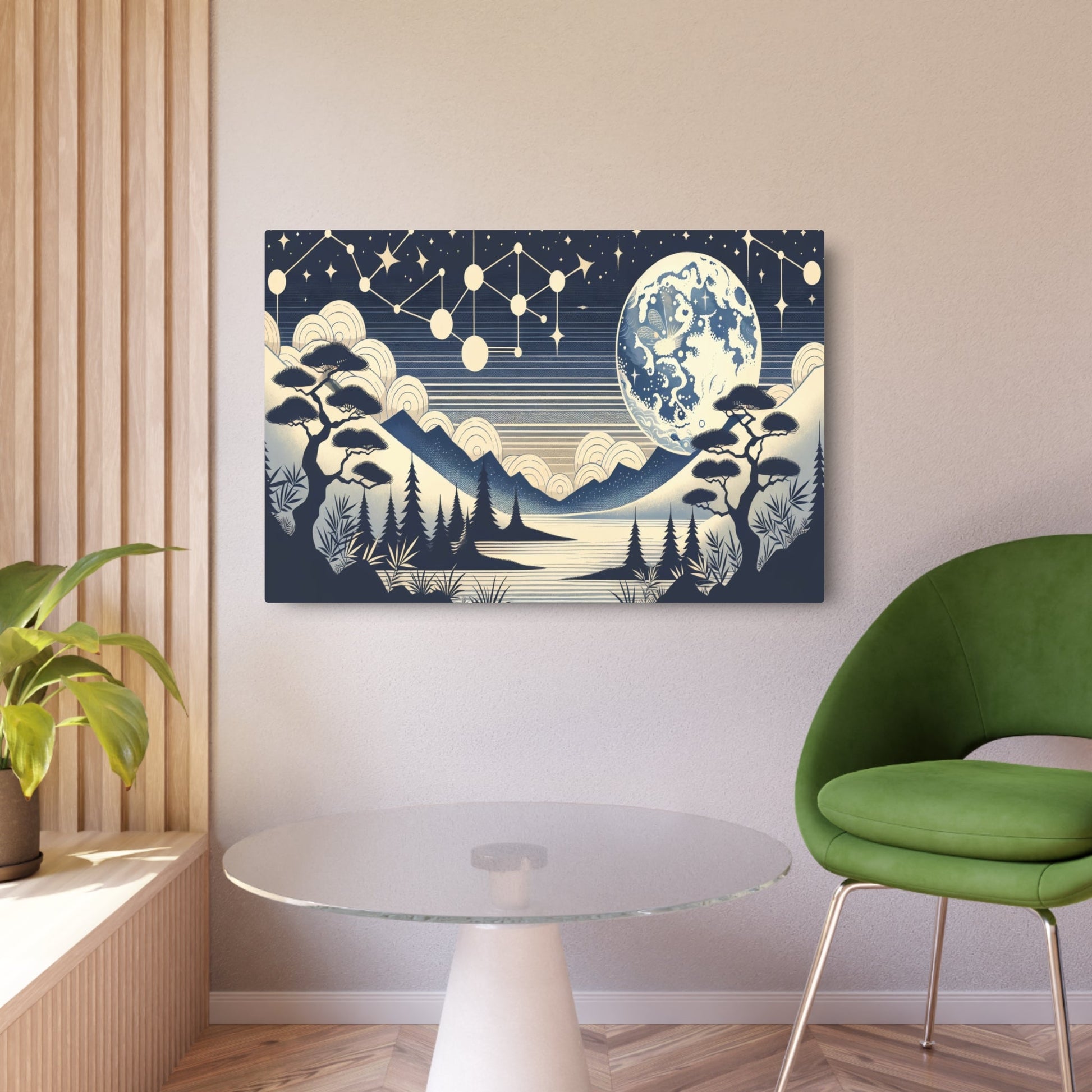 Metal Poster Art | "Kano School Japanese Art Style: Celestial Body Scene with Serene Moonlight and Vibrant Constellation - Asian Art Incorporating Traditional Bold Out - Metal Poster Art 36″ x 24″ (Horizontal) 0.12''