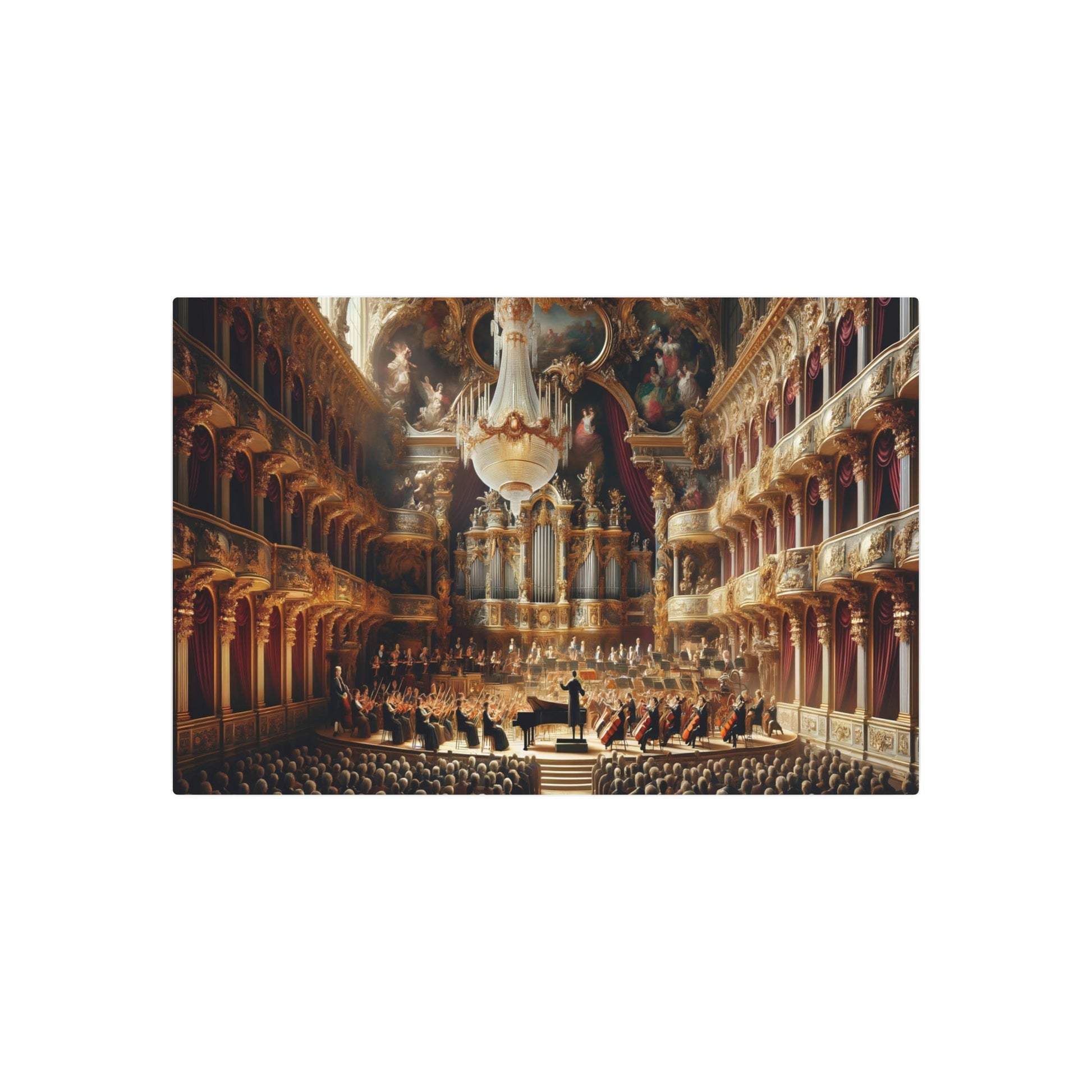 Metal Poster Art | "Baroque Style Concert Hall Scene with Classical Orchestra and Grand Piano - Western Art Styles, Baroque Sub - category" - Metal Poster Art 36″ x 24″ (Horizontal) 0.12''