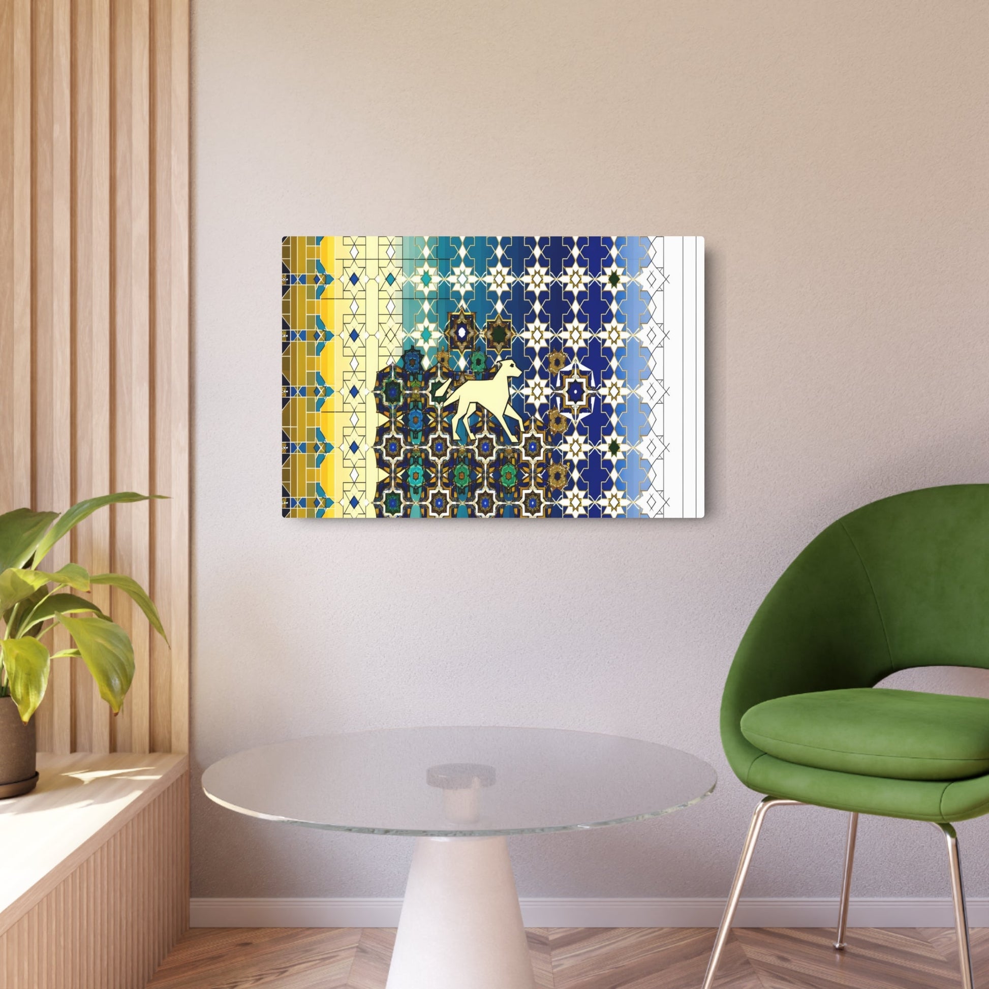 Metal Poster Art | "Subtle Canine Design within Intricate Islamic Geometric Art - Non-Western & Global Styles, Deep Blue and Gold Tones" - Metal Poster Art 36″ x 24″ (Horizontal) 0.12''