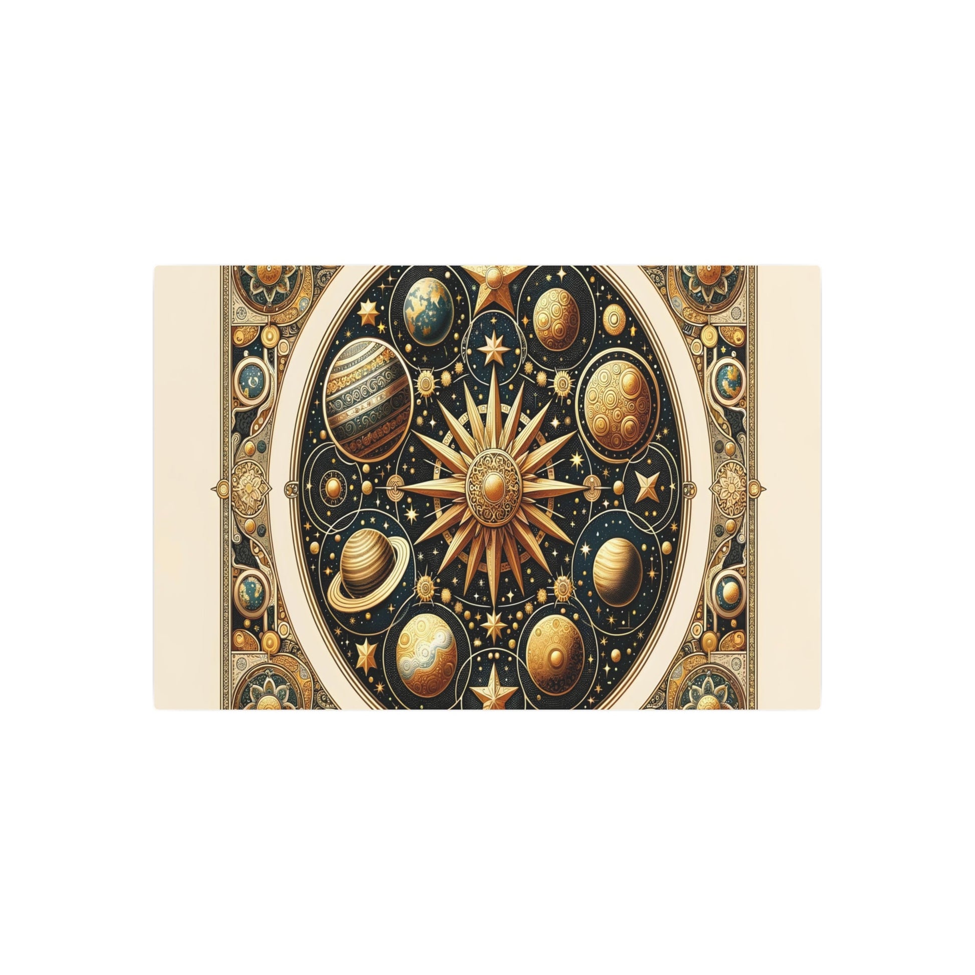 Metal Poster Art | "Byzantine - Style Celestial Body Art Piece with Gold Stars and Intricate Planetary Details - Non - Western & Global Art Styles" - Metal Poster Art 36″ x 24″ (Horizontal) 0.12''