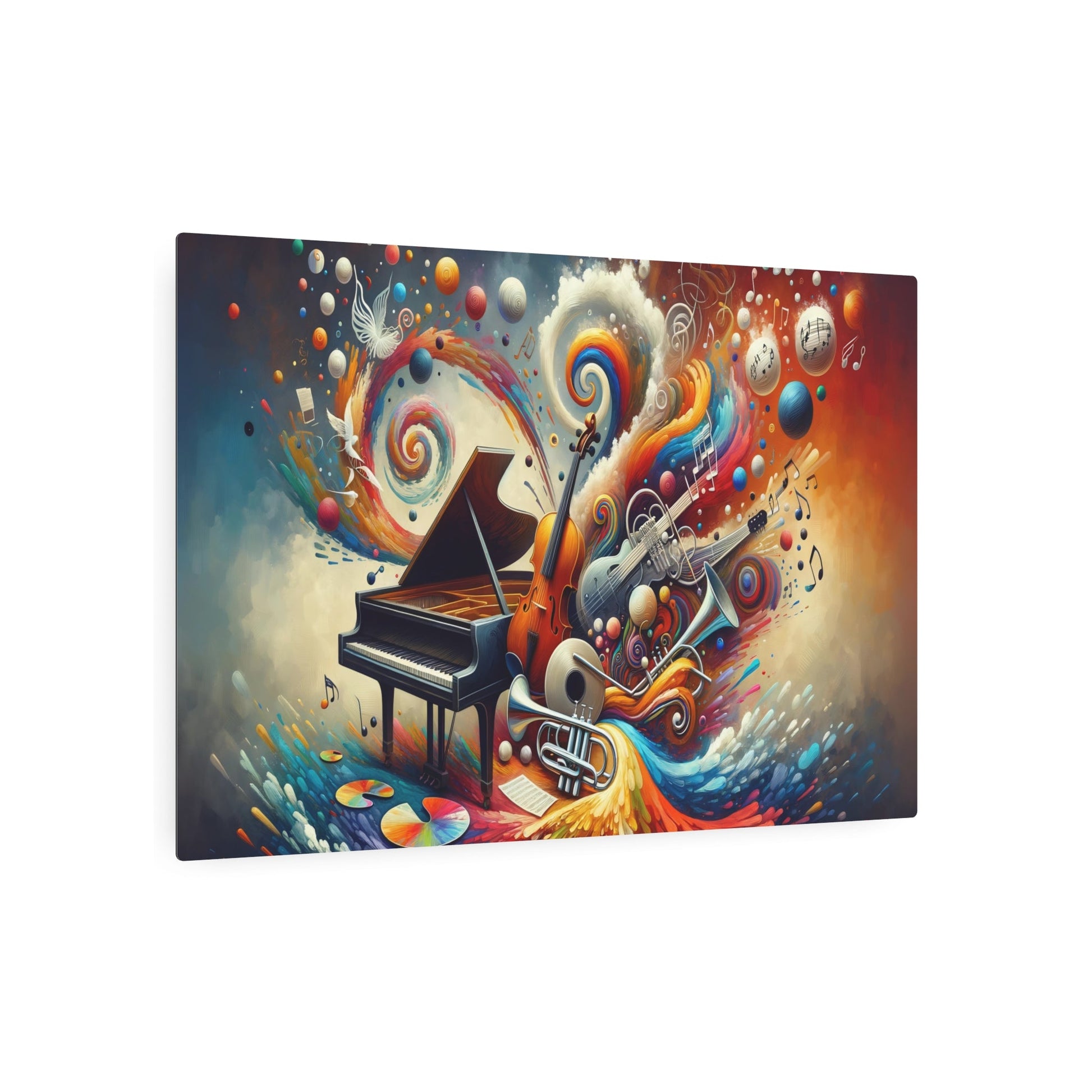 Metal Poster Art | "Modern & Contemporary Digital Art Illustration: Vibrant Fusion of Music and Art with Energetic Instruments and Paint Strokes | Dalle - 3 - Metal Poster Art 36″ x 24″ (Horizontal) 0.12''